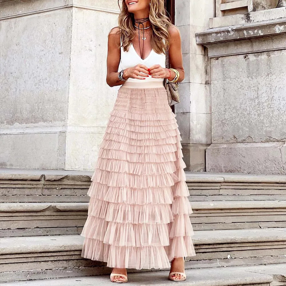 Elegant Women's High Waist Tulle Ball Gown Long Skirt - Pleated Tutu Skirt for Dating, Parties & Special Occasions | Wild Mesh Maxi Skirt for Formal Events & Evening Wear