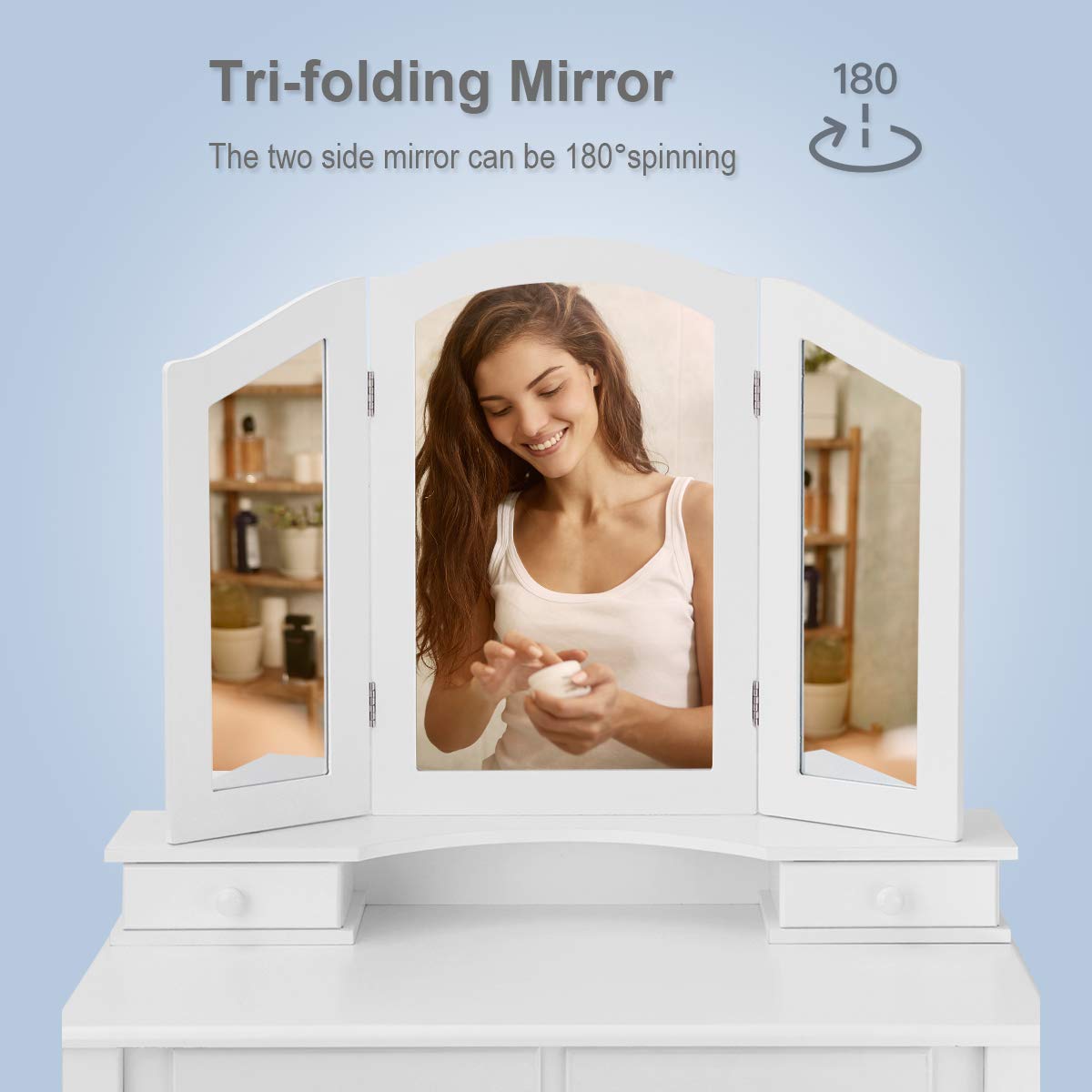 ReunionG Multifunctional Vanity Set with Stool & Trifold Mirror - White Makeup Dressing Table with Drawers, Writing Desk for Bedroom, Home Decor & Beauty Organization - Perfect for Small Spaces & Daily Makeup Routine