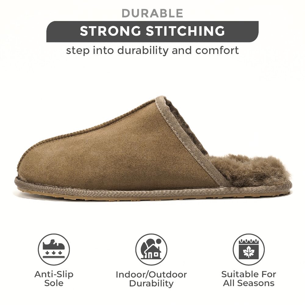 **Project Cloud Men's Genuine Sheepskin House Slippers – Memory Foam Indoor Slippers with Non-Slip Sole – Cozy Winter Slippers for Relaxing at Home (Colin, Brown)**    *Use Case: Perfect for lounging, keeping feet warm in winter, or as a comfortable gift for men.*
