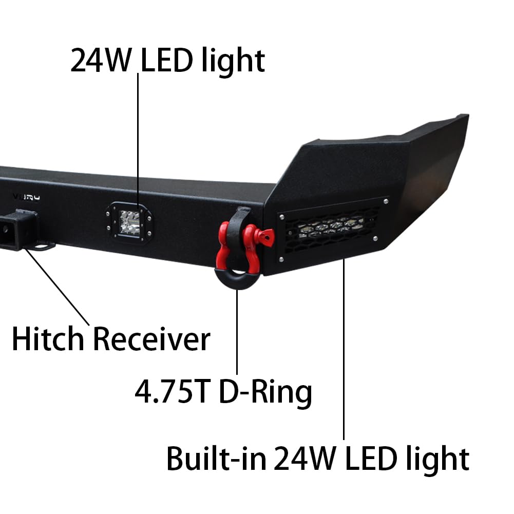 1999-2004 Jeep Grand Cherokee WJ Rear Bumper with Textured Black Finish, 4 LED Lights & D-Ring Tow Hooks - Off-Road Protection & Recovery Accessory for Adventure & Towing
