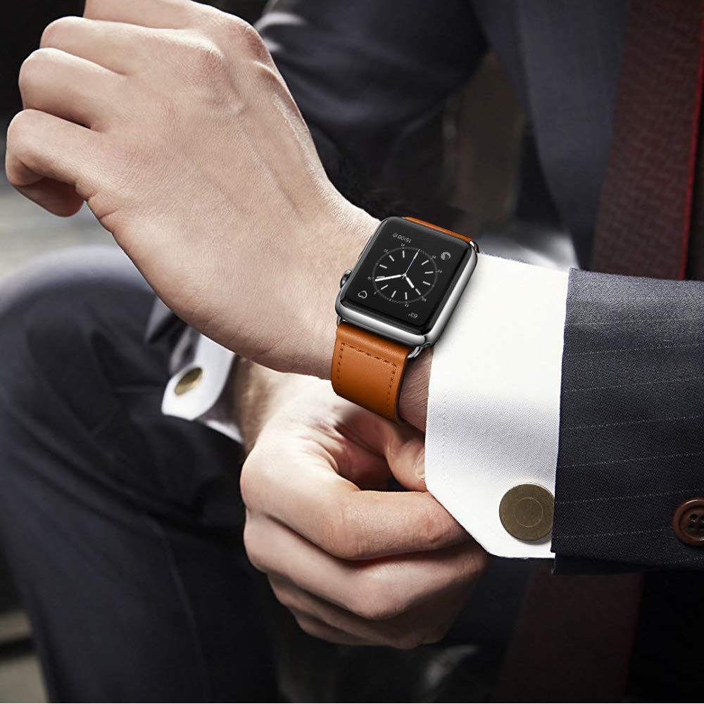 KYISGOS Genuine Leather Apple Watch Band - Compatible with iWatch Series 10/9/8/7/6/5/4/3/2/1 & SE (42mm 41mm 40mm 38mm) - Brown/Silver Strap - Perfect for Workouts, Office & Everyday Wear
