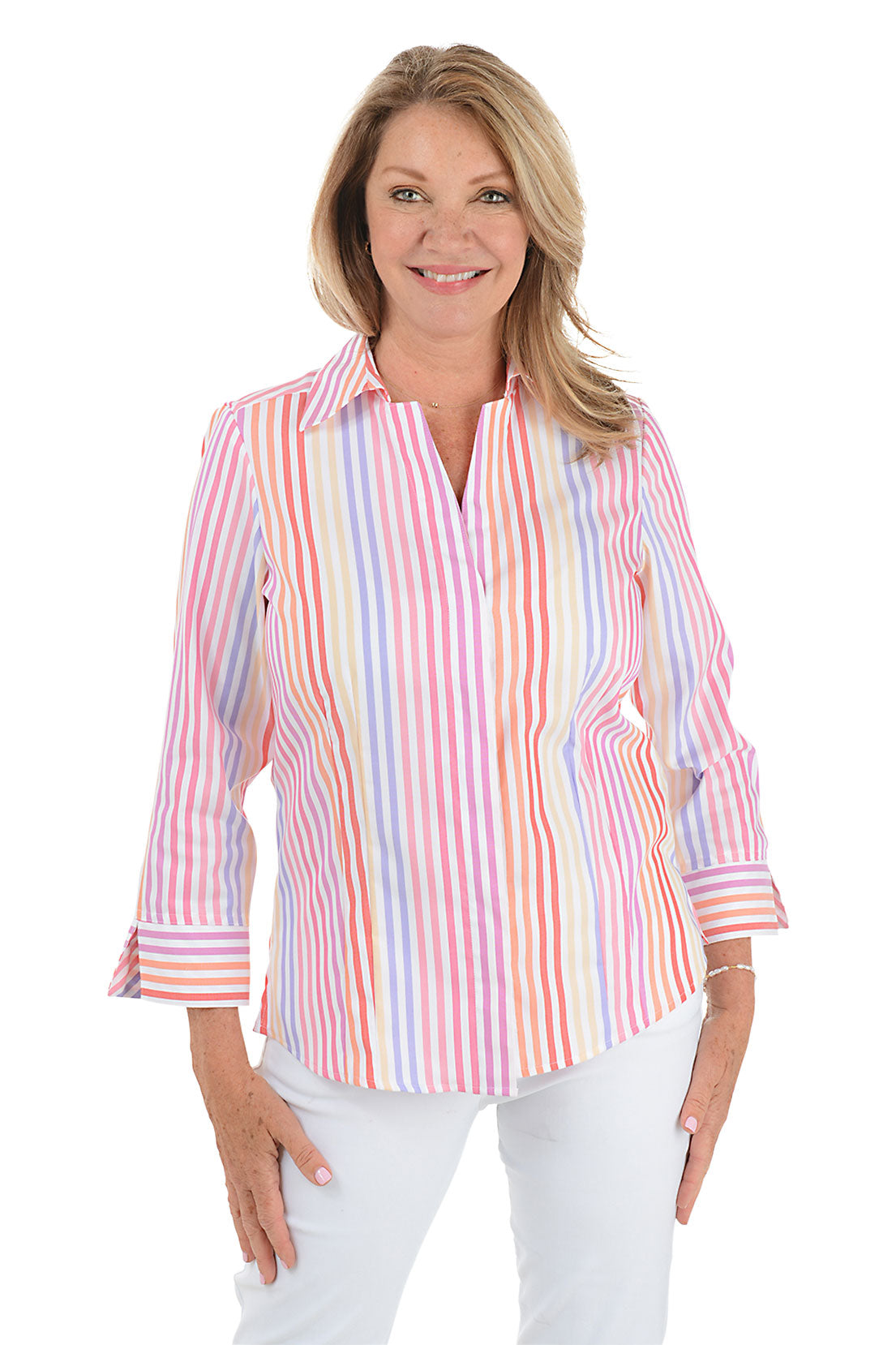 Stylish Pink Striped Taylor Button Front Shirt for Women - Perfect for Office, Casual Outfits & Spring Fashion