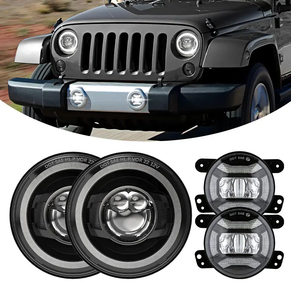 7 Inch Projection LED Headlights + 4 Inch Projection LED Fog Lights Kit for Jeep Wrangler JK (2007-2018) - High Brightness Off-Road Lighting for Night Driving & Adventure
