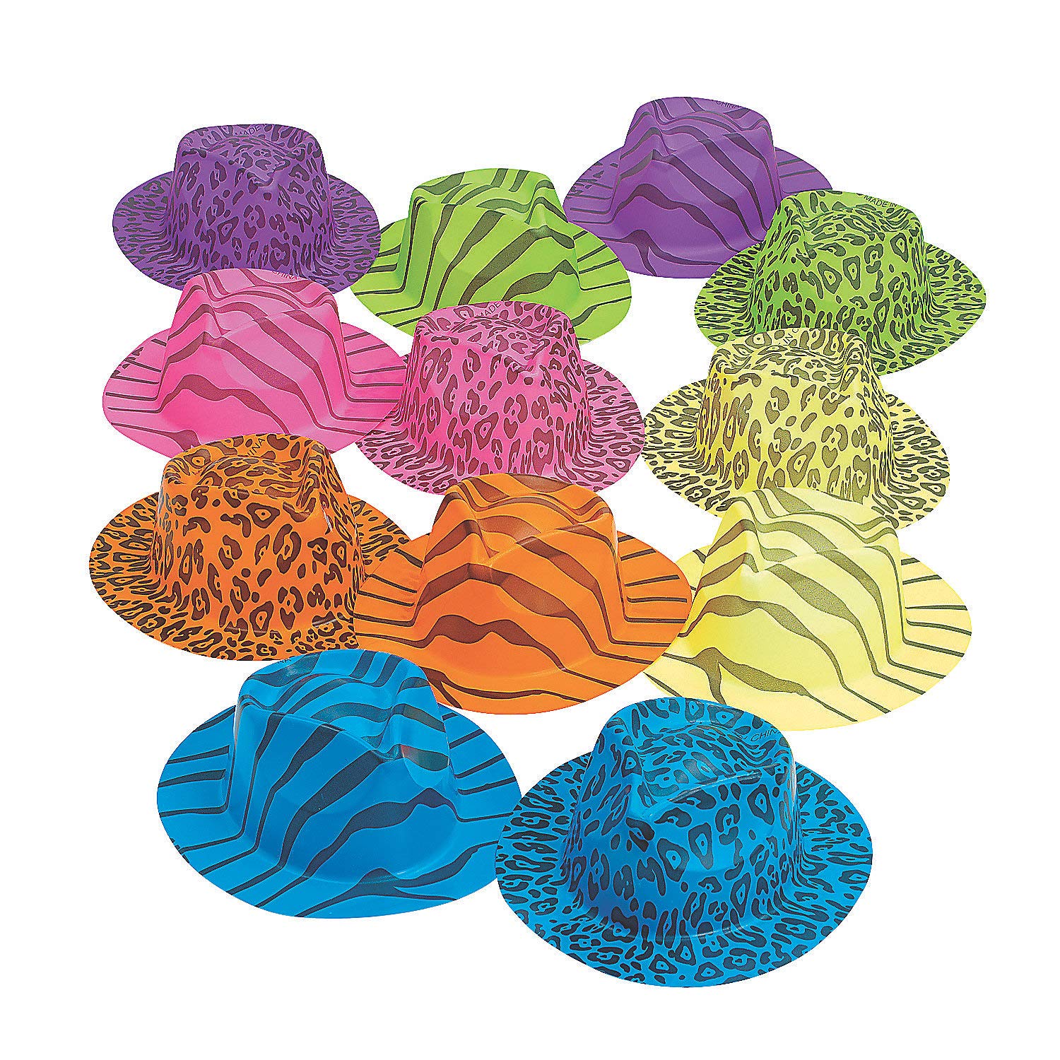 Neon Animal Print Gangster Hats for Party - 12 Pack Fun Costume Accessories for Halloween, Cosplay, and Themed Events - Unisex Hats for Adults & Kids