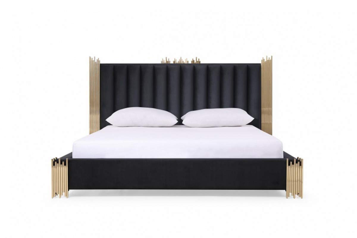 Amiral Collection Modern Velour Upholstered King Bed with Padded Headboard & Stainless Steel Legs - Black & Champagne Gold - Luxurious Bedroom Upgrade for Master Suite or Guest Room