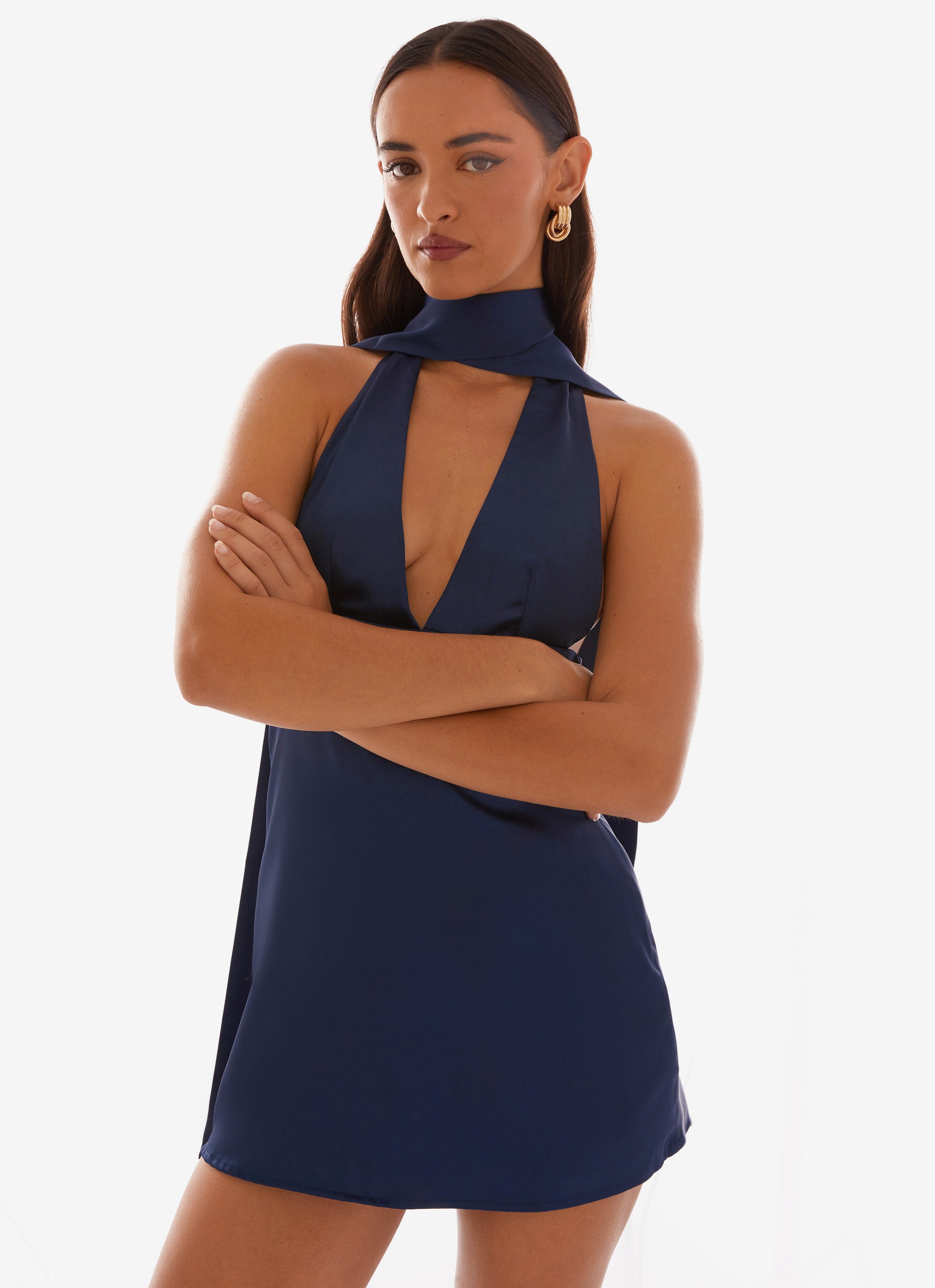 Alicia Satin Halter Mini Dress in Navy Blue - Sexy Clubwear & Evening Party Dress for Women