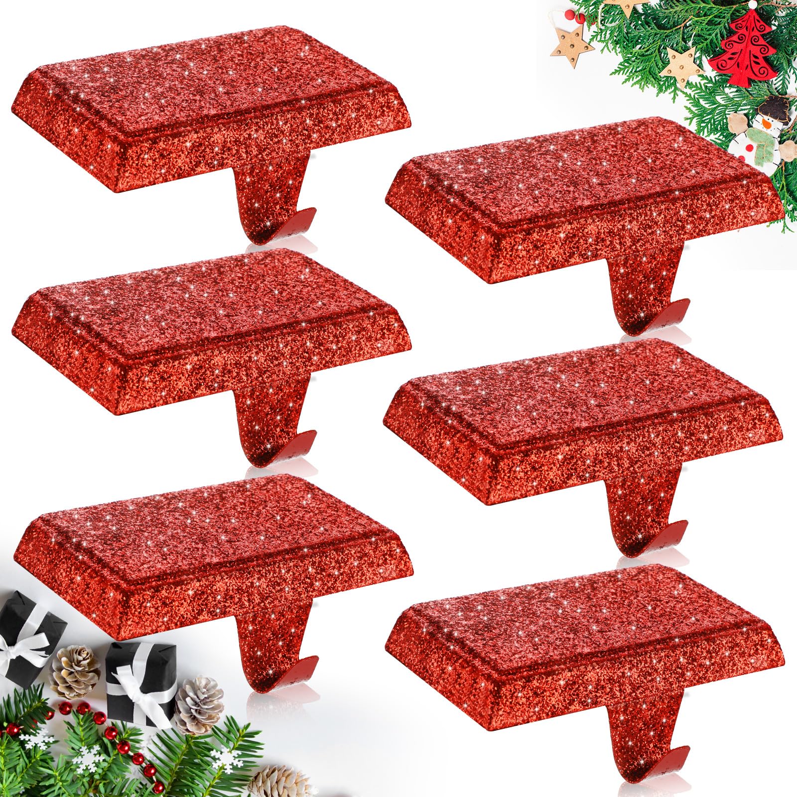 Shiny Christmas Stocking Holders - 6 Pack Glitter Mantel Hangers for Fireplace, Window & Table Decor - Red Holiday Hooks for Stockings & Ornaments - Perfect for Christmas Tree, Gift Exchange & Festive Home Decor