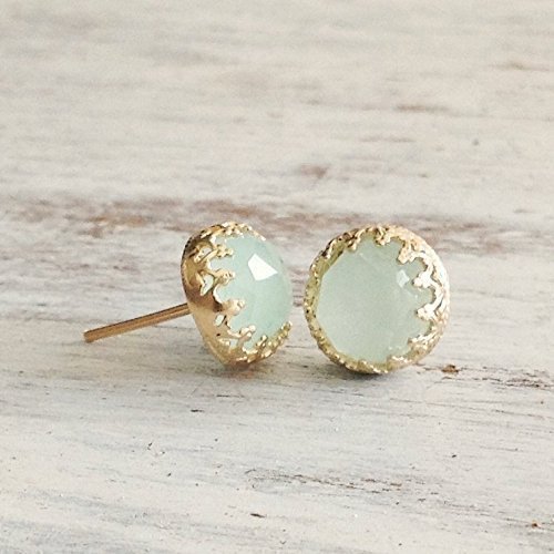 14K Gold Filled Jade Stud Earrings for Women - 8mm Light Green Gemstone Crown Jewelry Set | Elegant Gift for Birthday, Anniversary & Special Occasions