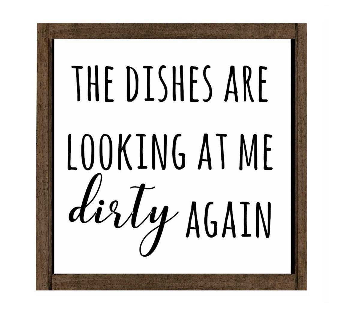 LLIGHT Funny Wood Framed Wall Sign - 'The Dishes Are Looking at Me Dirty Again' Kitchen Decor - Rustic Hanging Plaque for Home, Office & Gifts (Perfect for Kitchens, Dining Rooms & Funny Housewarming Gifts)