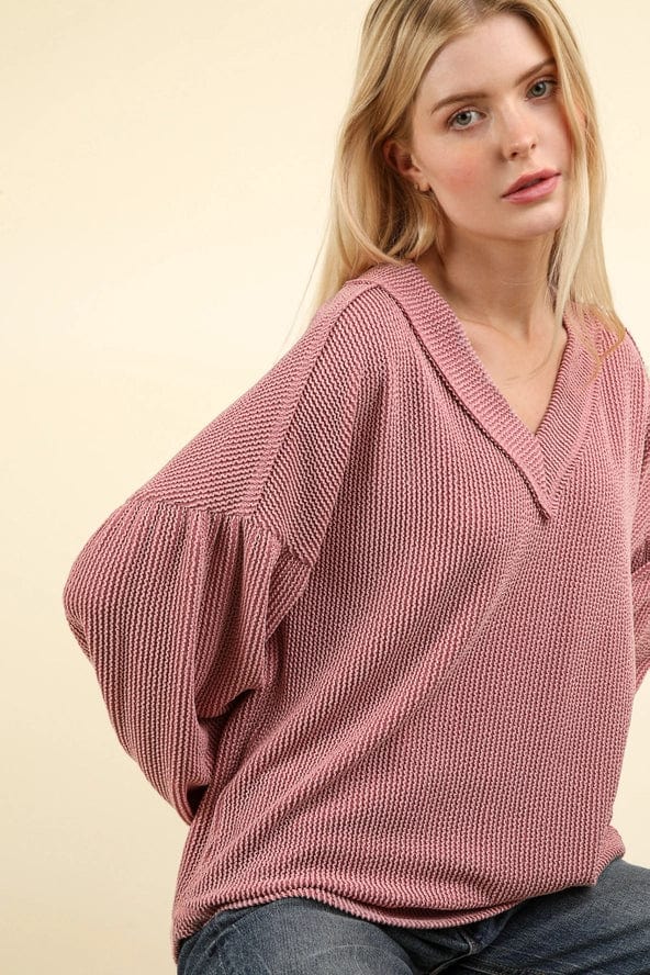 Pink Oversized Ribbed V-Neck Long Sleeve T-Shirt for Women | Soft Stretchy Comfort Fit | Casual Wear, Layering & Everyday Outfits