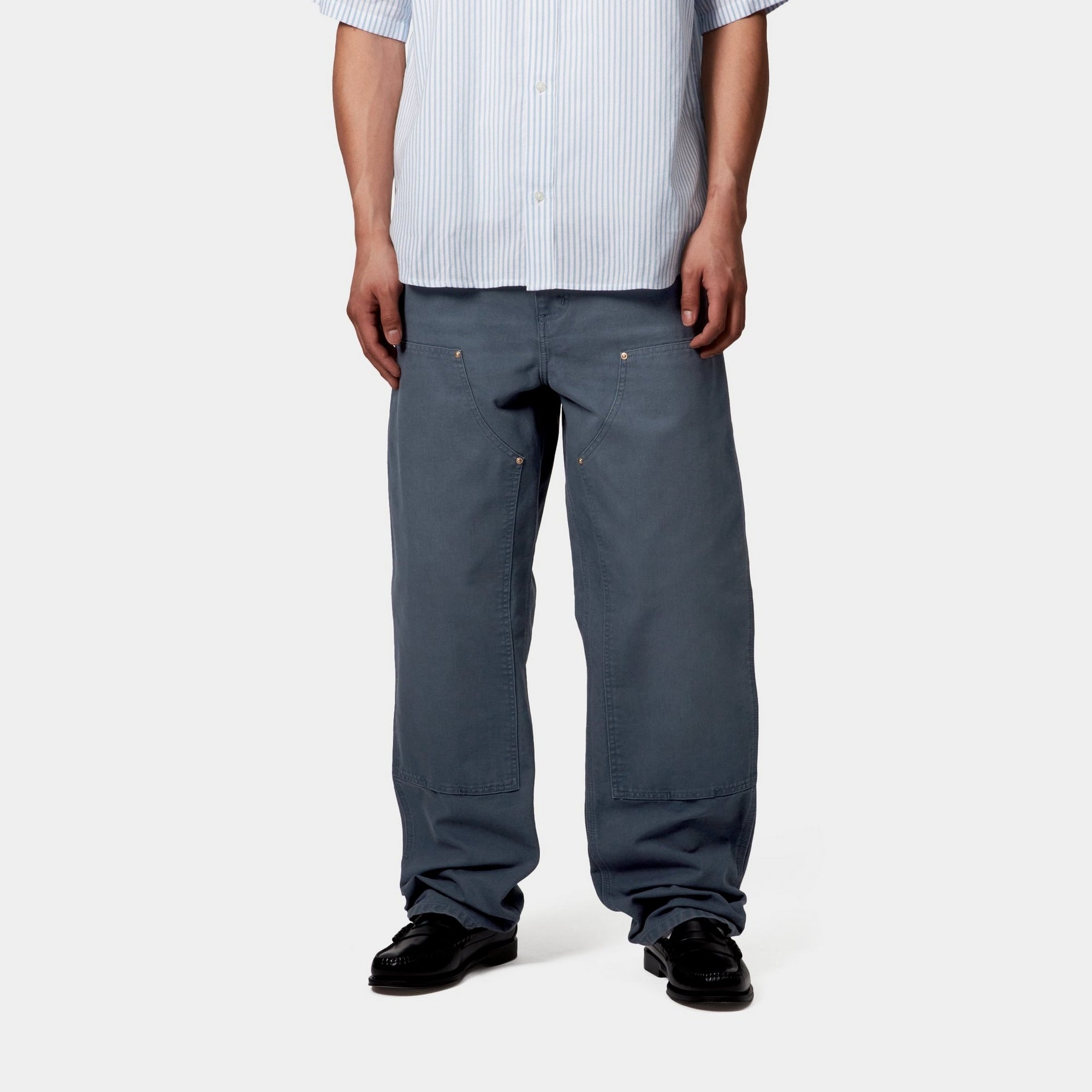 Double Knee Work Pants - Durable Stone Canvas Fabric in Dusky Blue | Heavy Duty Workwear for Construction, Carpentry & Outdoor Activities
