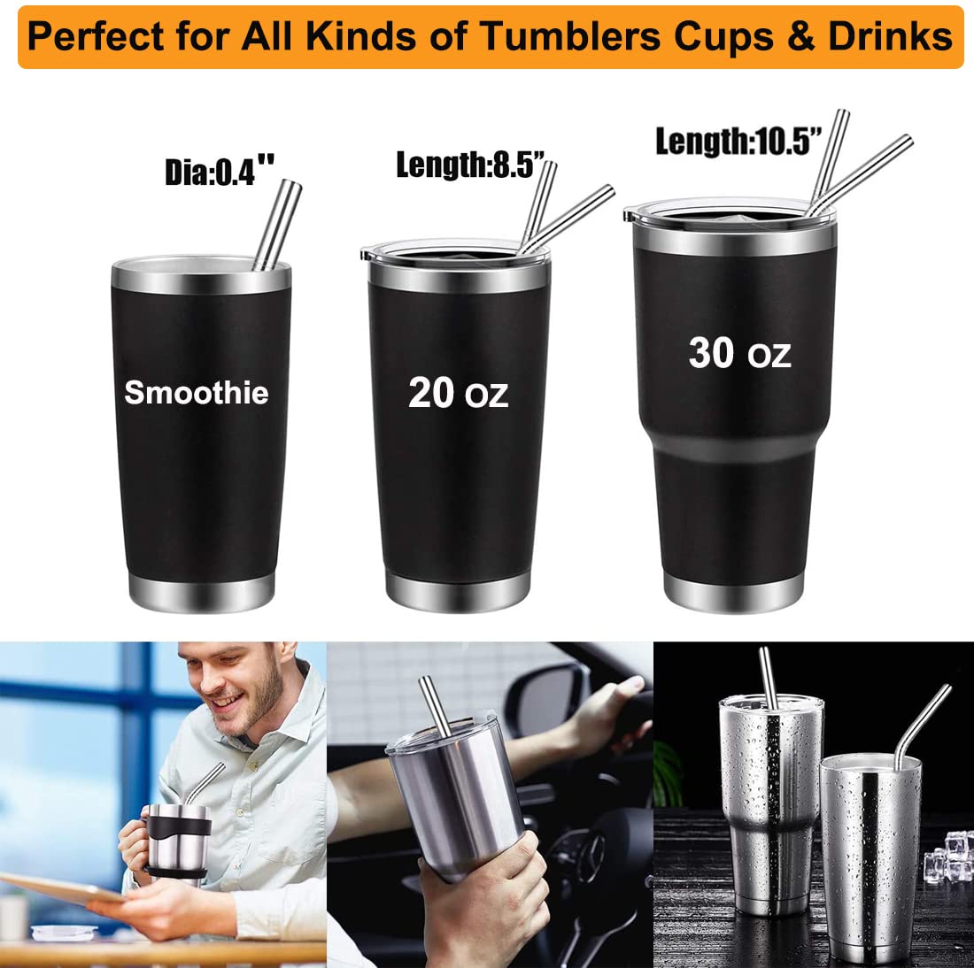 Premium Stainless Steel Smoothie Straws - Set of 6 Reusable Metal Milkshake Straws (10.5