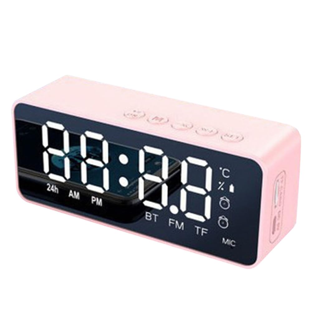 TYREE G50 Wireless Bluetooth Speaker with Alarm Clock, FM Radio, Mini Card, Temperature Display, Mirror Audio - Portable Pink Speaker for Home, Office, Travel & Outdoor Use