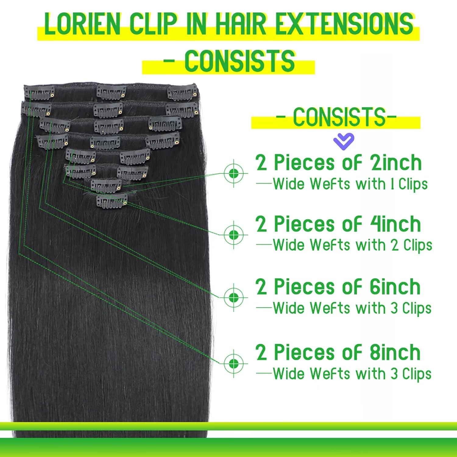 LORIEN 22 Inch Clip-in Hair Extensions - 100% Brazilian Remy Human Hair (Jet Black, 8pcs Set with 18 Clips) for Volume & Length | Perfect for Weddings, Parties & Everyday Styling
