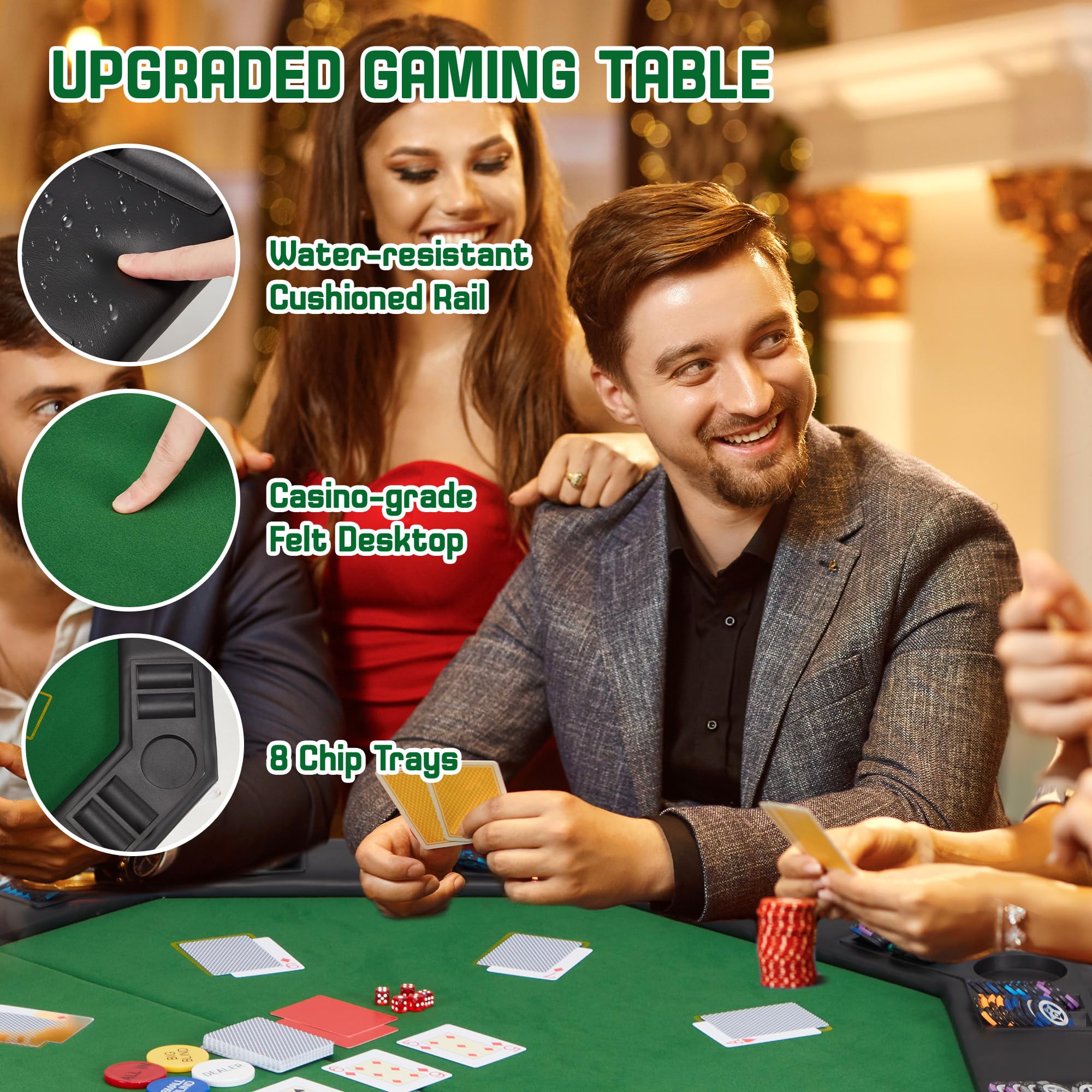 ECOTOUGE Foldable Poker Table - 8 Player Octagon Texas Holdem Poker Table with Chip Trays & Collapsible Legs | Portable Casino Game Table for Blackjack, Poker Nights & Home Entertainment | Easy Assembly, Green