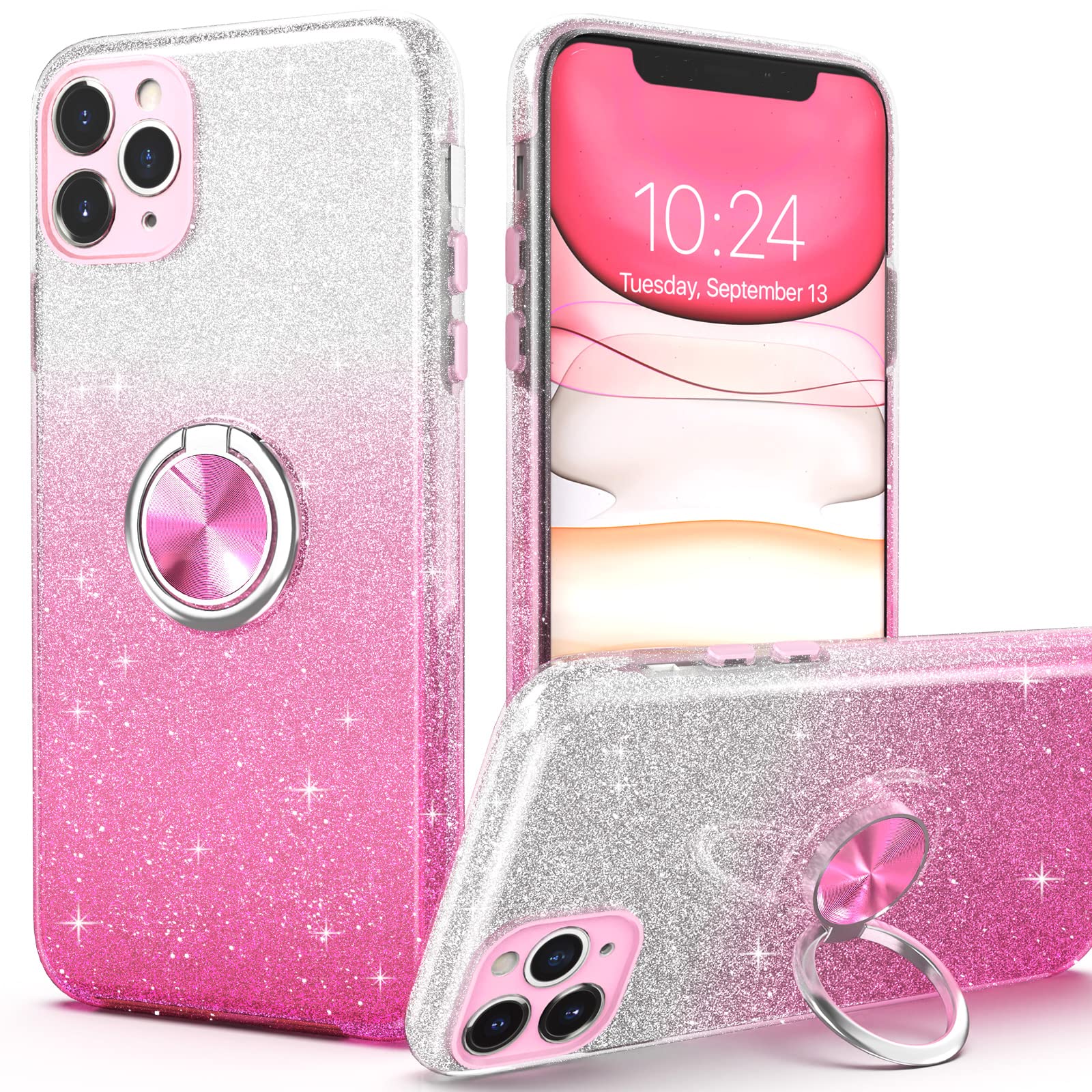 Sparkly Glitter iPhone 11 Pro Max Case with 360° Ring Holder & Magnetic Car Mount - Slim Shock-Absorbent Protective Cover for Women (6.5