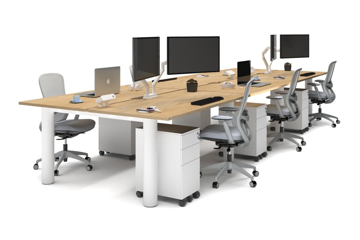 Quadro Cylinder Leg 6-Person Office Workstation Desk - 1600L x 800W with Cable Management Scallop - Perfect for Open Office Layouts & Collaborative Workspaces