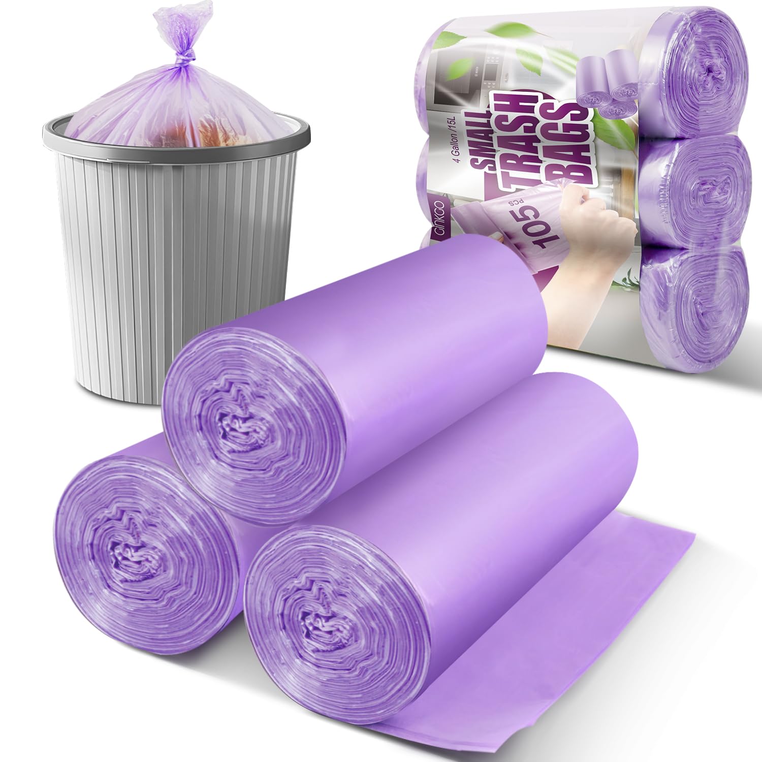 4 Gallon Small Trash Bags (105 Count) - Unscented Mini Garbage Bags for Bathroom, Office & Kitchen | Wastebasket Liners & Home Plastic Bags (Purple) - Perfect for Small Bins, Desks, RVs & Dorm Rooms