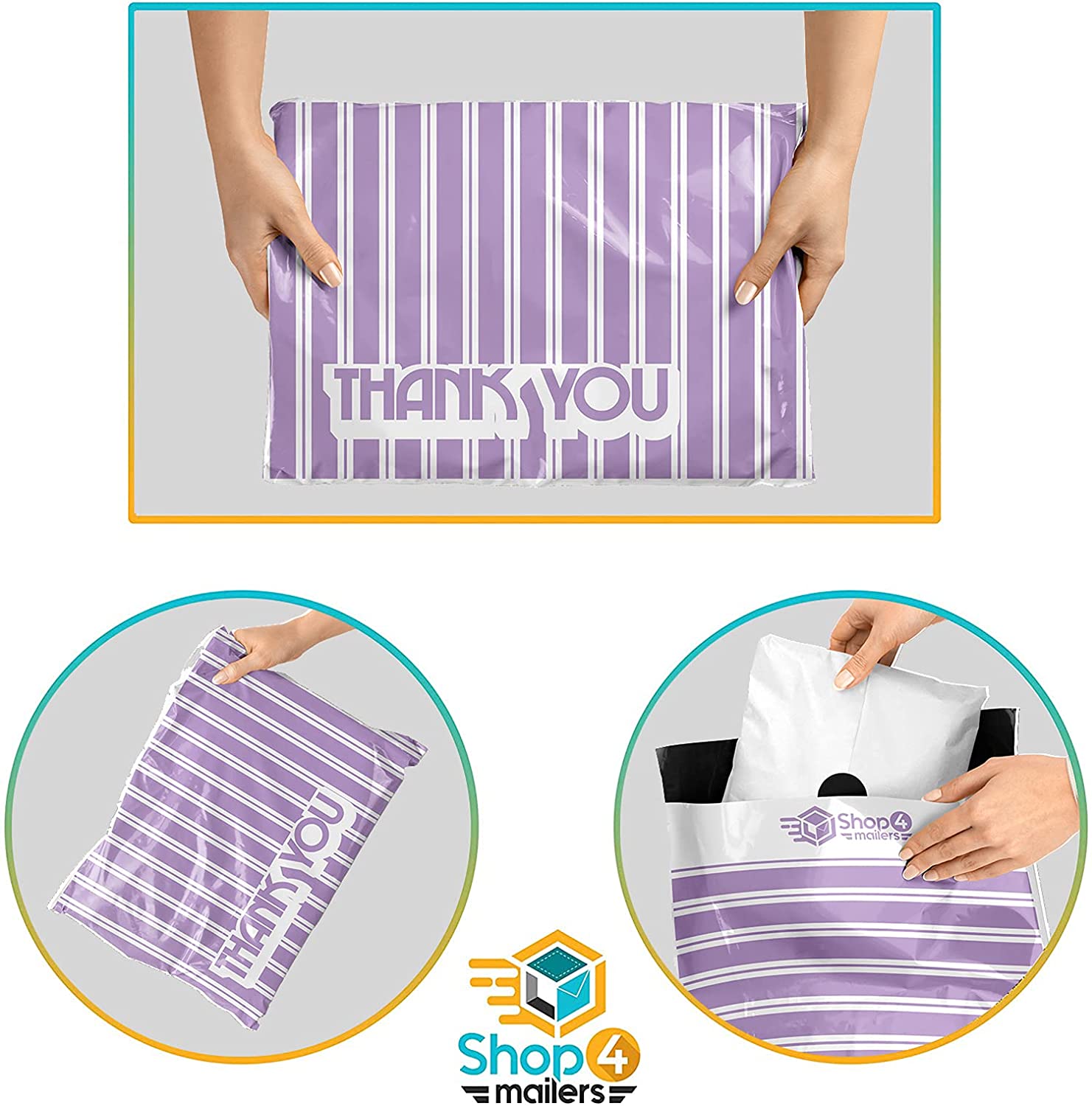 10 x 13 Inch Lavender Retro Striped Thank You Poly Mailer Envelopes - 2 Mil Thick Eco-Friendly Plastic Mailing Bags for Ecommerce, Wedding Invitations, Greeting Cards & Small Business Shipping