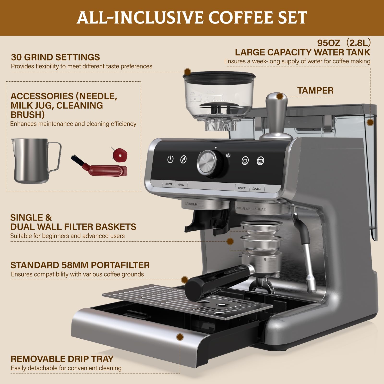 20 Bar Espresso Machine with Built-in Grinder & Steam Wand - Professional All-in-One Home Coffee Maker for Latte & Cappuccino, Light Gray - Perfect for Kitchen, Office & Small Spaces