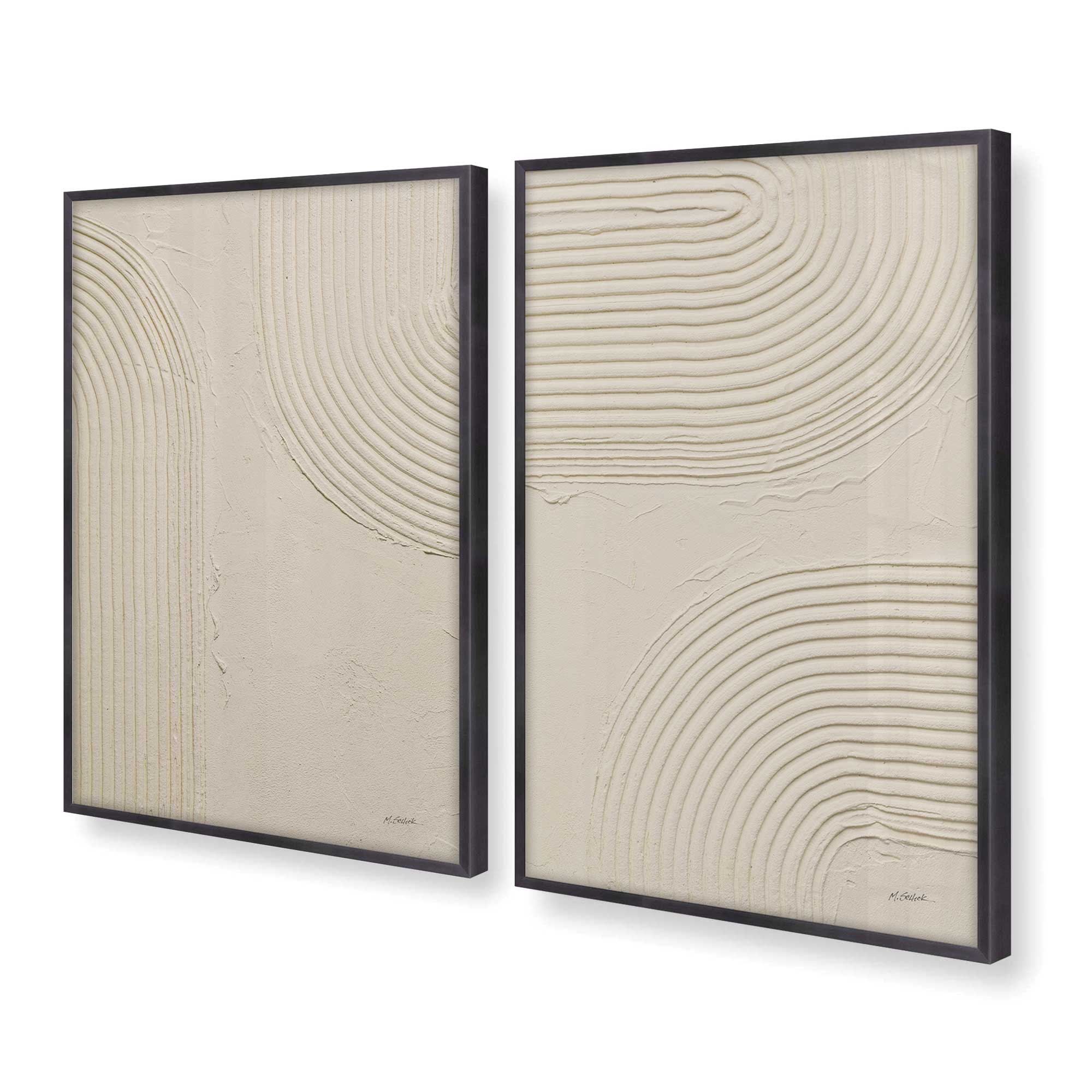 Beige Abstract Wall Art Set of 2 - Modern Echoed Curves Prints for Living Room & Bedroom Decor