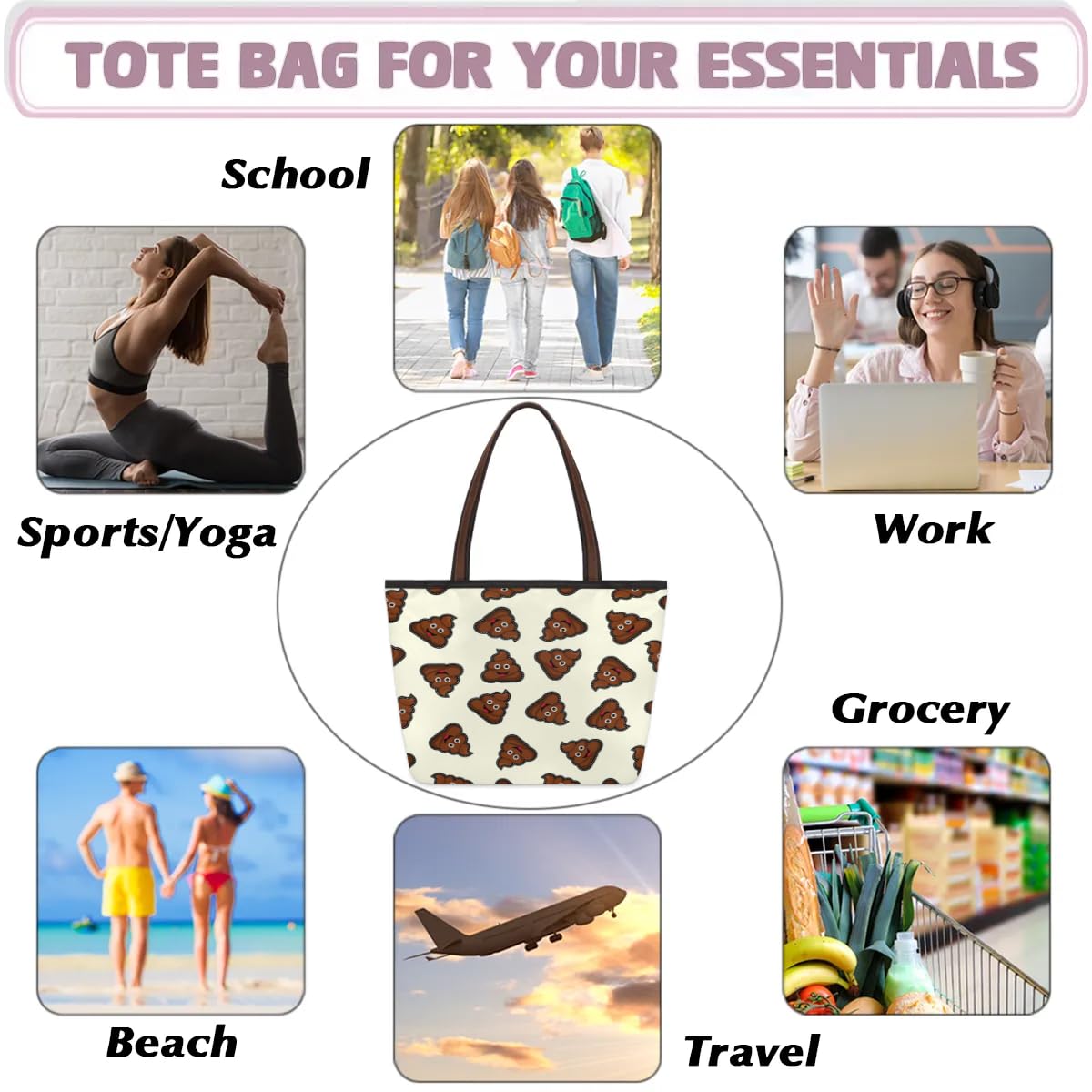 Funny Chocolate Poop Tote Bag for Women - Zippered Work & Travel Handbag - Perfect for Office, Shopping & Weekend Getaways