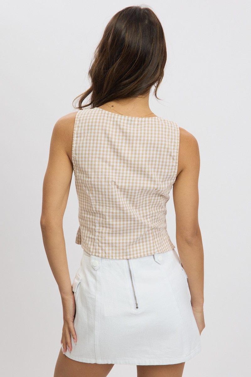 Stylish Beige Checkered Sleeveless Blouse with Open Front Design - Perfect for Summer Outfits, Casual Wear & Office Attire