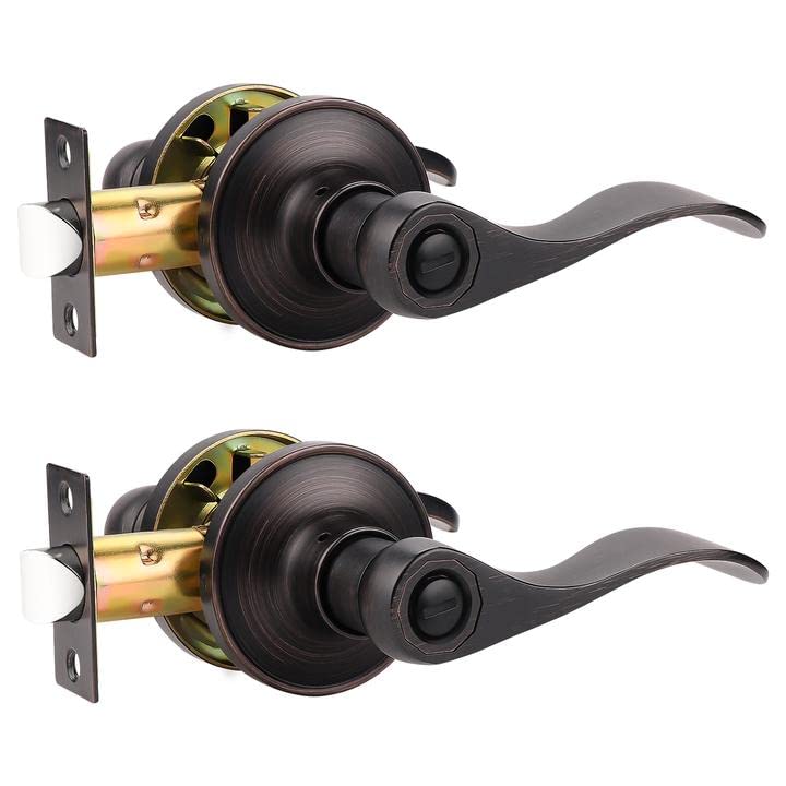 2 Pack Privacy Door Lever with Thumb Turn Lock - Keyless Oil Rubbed Bronze Wave Door Handle Set for Bedroom & Bathroom Doors (Reversible Right/Left Handed) - Perfect for Home Privacy & Interior Security