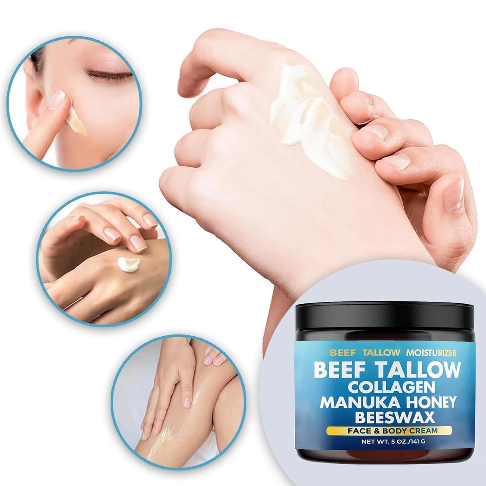 Organic 7-in-1 Grass-Fed Tallow Moisturizer with Manuka Honey & Beeswax - Collagen Rich Face & Body Balm for All Skin Types - Hydrating Lip Care, Dry Skin Relief & Natural Skincare Solution for Daily Use, Travel & Sensitive Skin Protection