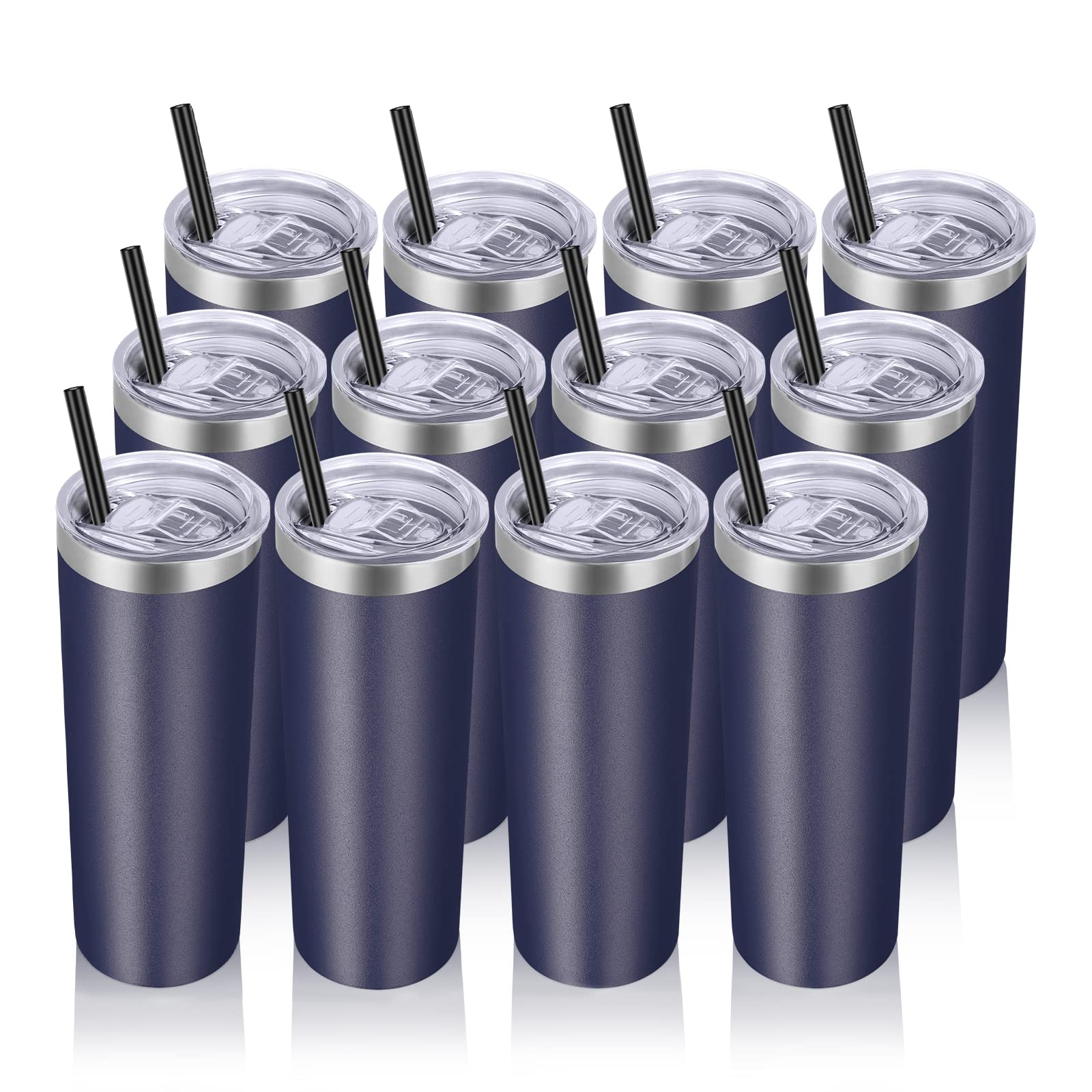 VEGOND 12 Pack 20 oz Stainless Steel Tumblers - Vacuum Insulated Skinny Travel Mugs with Lids & Straws, Double Wall Coffee Cup, Navy Blue - Perfect for Office, Gym, Camping & Outdoor Activities