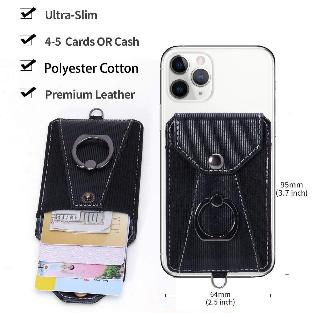 Black Adhesive Stick-on Phone Card Holder with Ring Grip Stand & Detachable Neck Strap - Wallet Pocket for Credit Cards - Perfect for Travel, Shopping & Hands-Free Convenience
