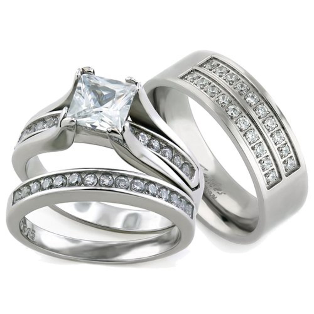 His & Her Silver Stainless Steel Wedding Rings Set - Titanium Bands for Couples