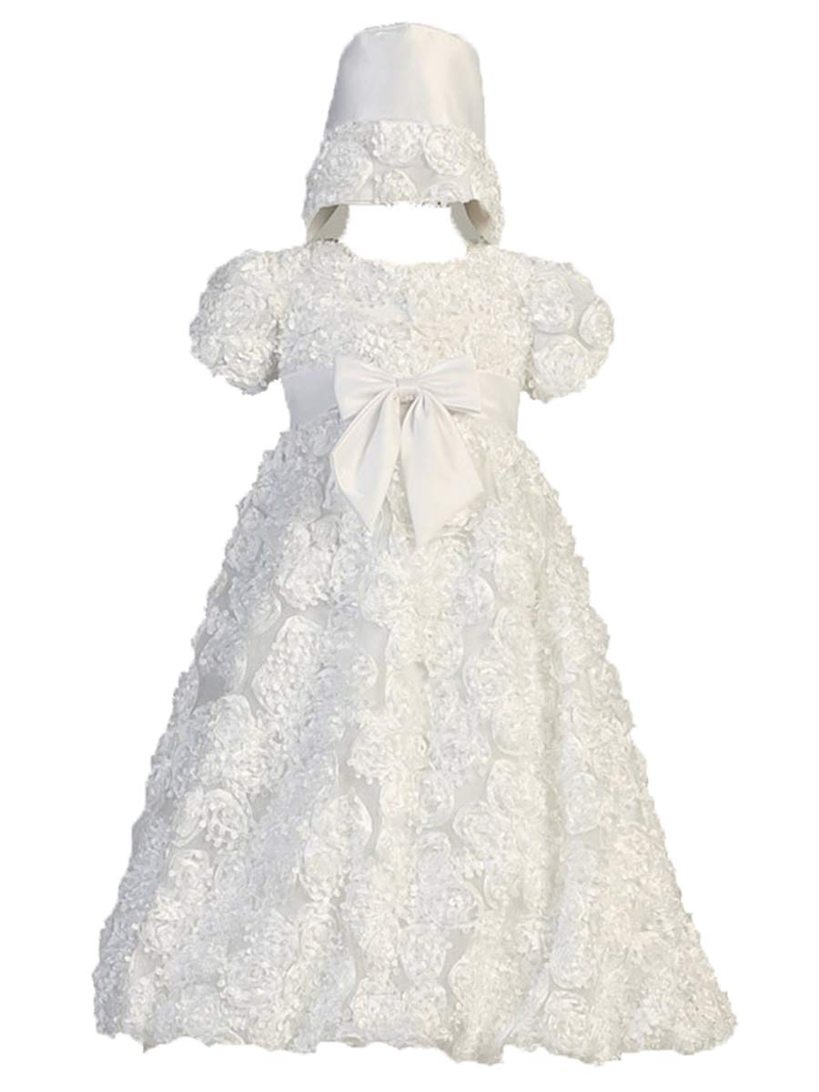 Elegant Long White Ribbon Clusters Christening Gown with Tulle & Matching Hat - Perfect for Baby Baptism, First Communion & Special Occasions