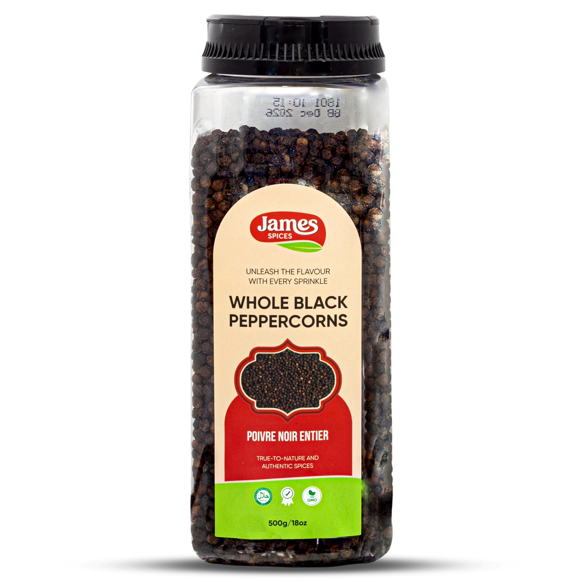 Premium Black Peppercorns by James Spices Inc. - 500g Bulk Whole Peppercorns for Cooking, Grilling & Seasoning - Gourmet Spice for Steak, Pasta & Soup