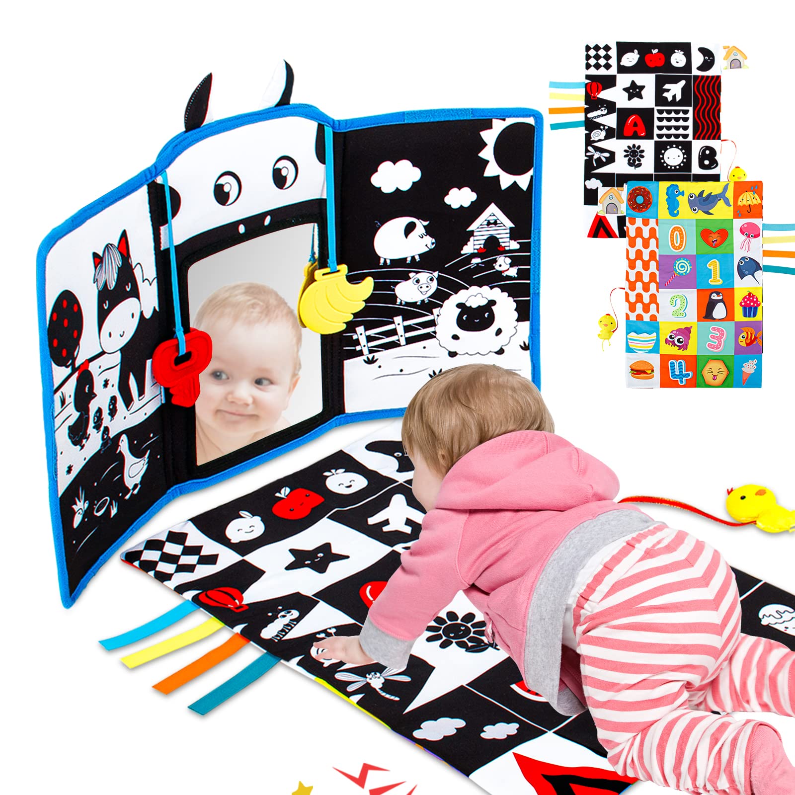 Teytoy Black and White High Contrast Tummy Time Mirror & Sensory Toy for Newborns 0-3 Months - Baby Teether, Crinkle Paper Mat for 4-12 Month Olds - Perfect for Infant Sensory Development and Playtime