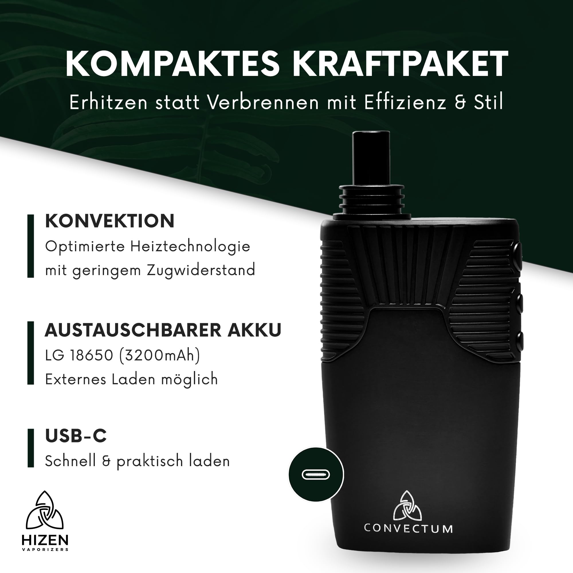 HIZEN Convection Vaporizer - USB C Herbal Vaporizer with 2 Mouthpieces, Replaceable 18650 LG Battery & Auto Timer - Perfect for Dry Herb Aromatherapy & Portable Vaping On-The-Go