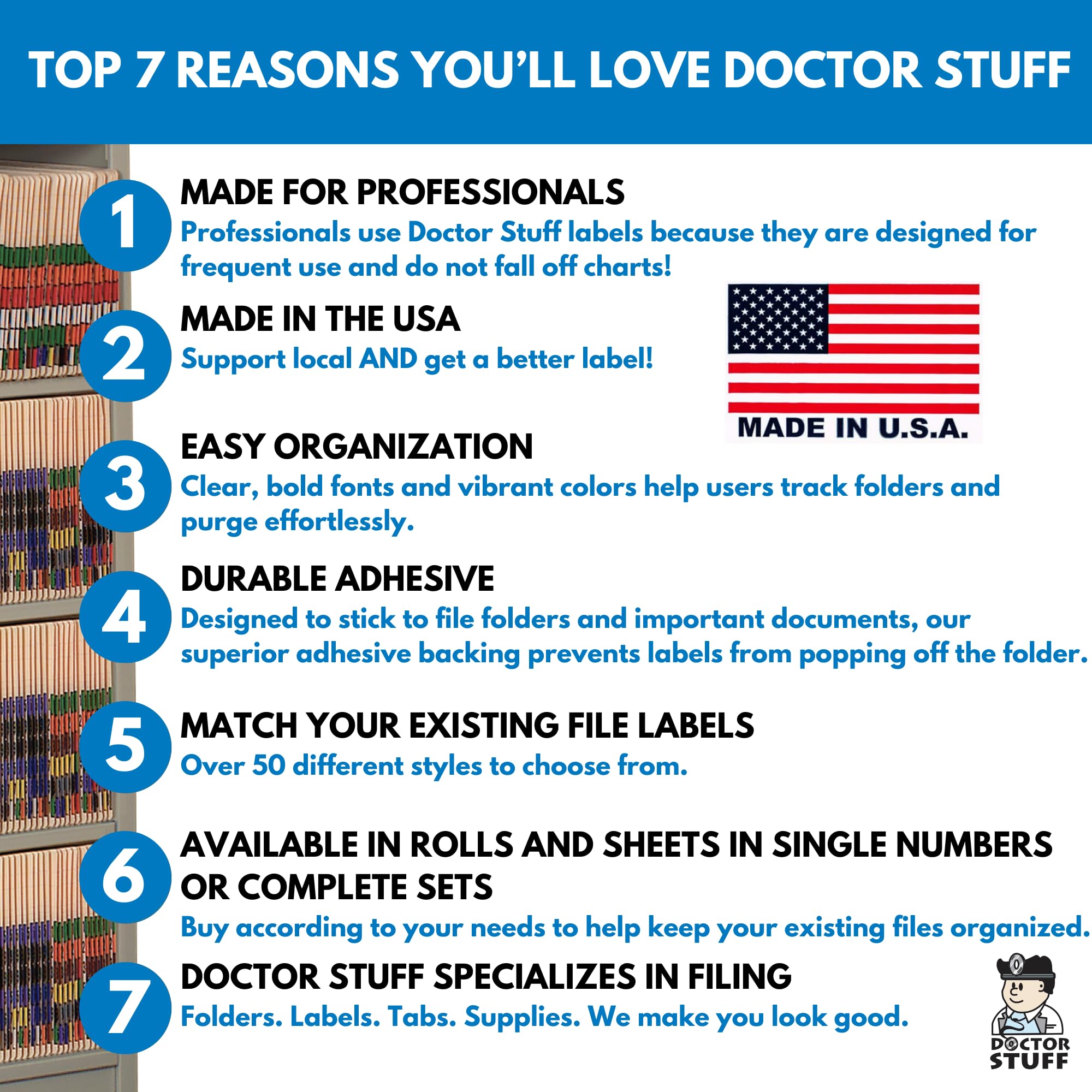 Doctor Stuff - File Folder Labels, Number 1, Compatible with SMEAD LCC - SLCC Series Chart Stickers, Blue, 2