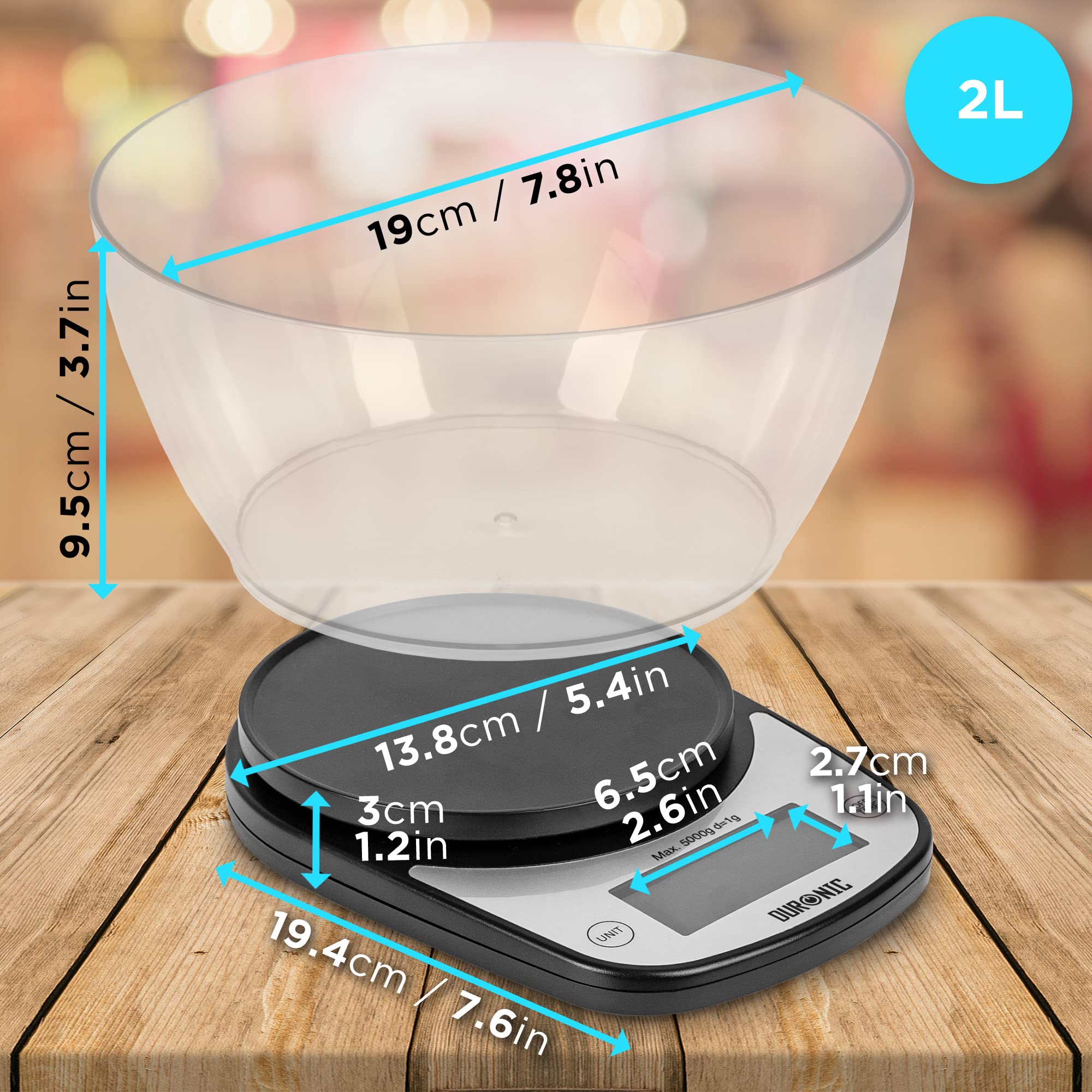 Duronic KS5000 Digital Kitchen Scale with Bowl - Precise Electronic Food Scale for Cooking, Baking, Pet Food & Postal Weighing - Backlit LCD Display - Perfect for Home Kitchen, Bakeries & Pet Owners