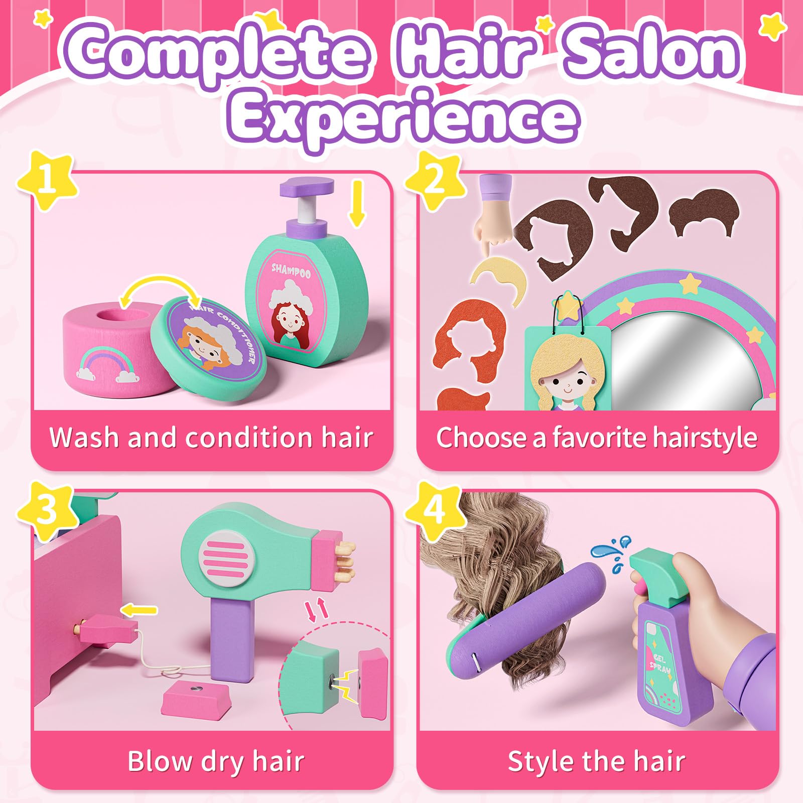 Lehoo Wooden Kids Hair Salon Playset - Pretend Play Beauty & Barber Styling Toy for Toddlers, Birthday Gift for 3 Year Old Girls | Perfect for Role Play, Home Salon Pretend & Early Childhood Development
