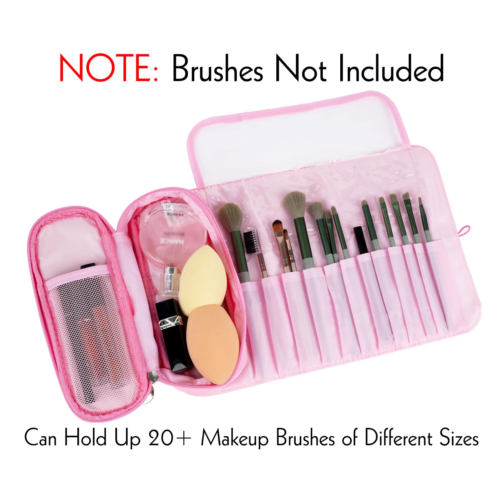 LUEXBOX Portable Folding Makeup Brush Bag - Waterproof Cosmetic Brush Organizer with Multiple Pockets, Travel Makeup Brush Holder Case for Women (Pink) | Perfect for Travel, Home Use & Professional Makeup Artists