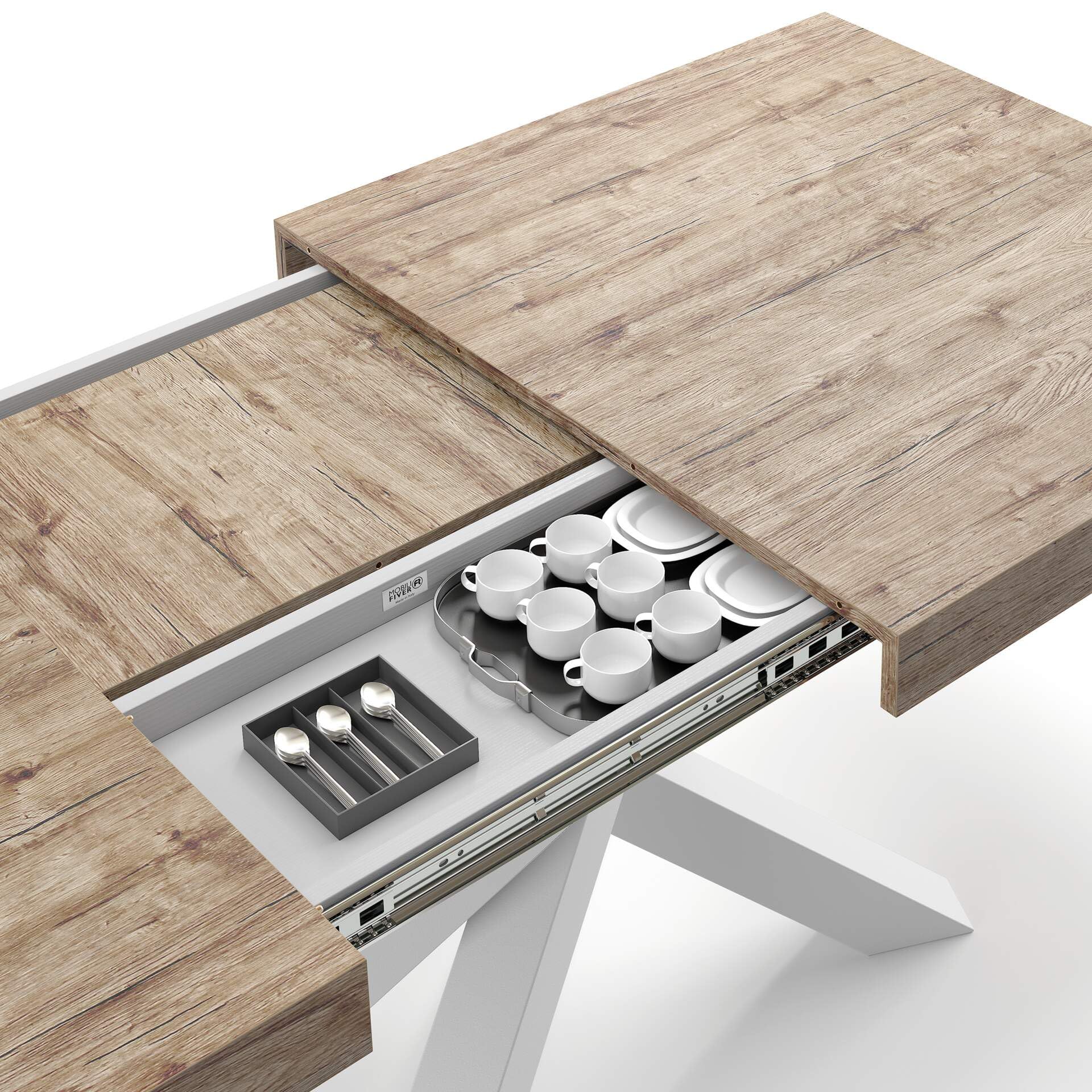 Emma 55.11 x 35.4 Inch Extendable Dining Table - Solid Oak with White Crossed Legs, Seats 6-10 People | Expandable Kitchen & Living Room Table | Italian Modern Furniture for Family Gatherings & Dinner Parties