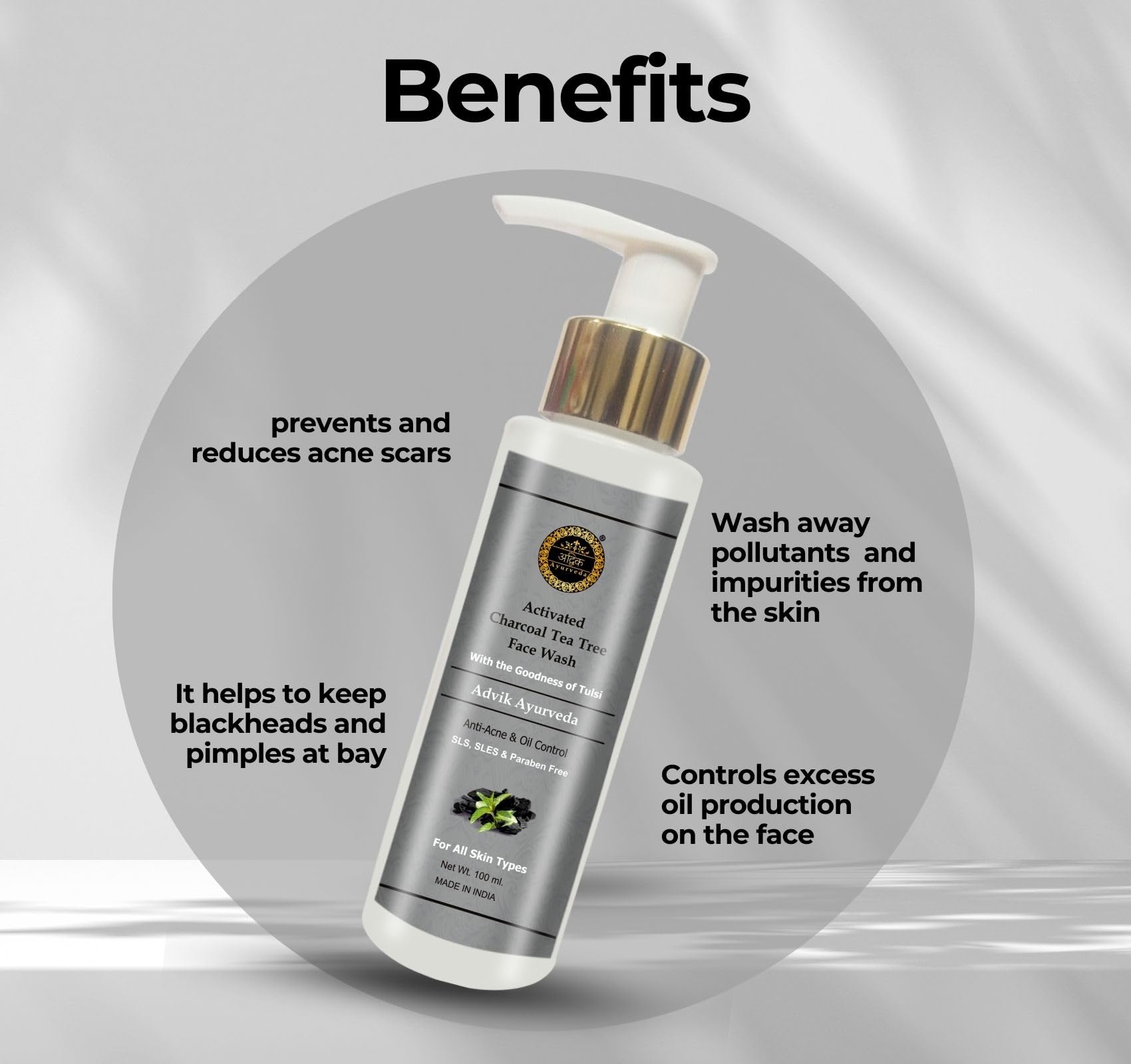 Activated Charcoal & Tea Tree Oil Face Wash - 100ml | Anti-Acne Treatment, Deep Pore Cleanser for Oily Skin, Pollution Defense | Daily Facial Cleansing for Men & Women