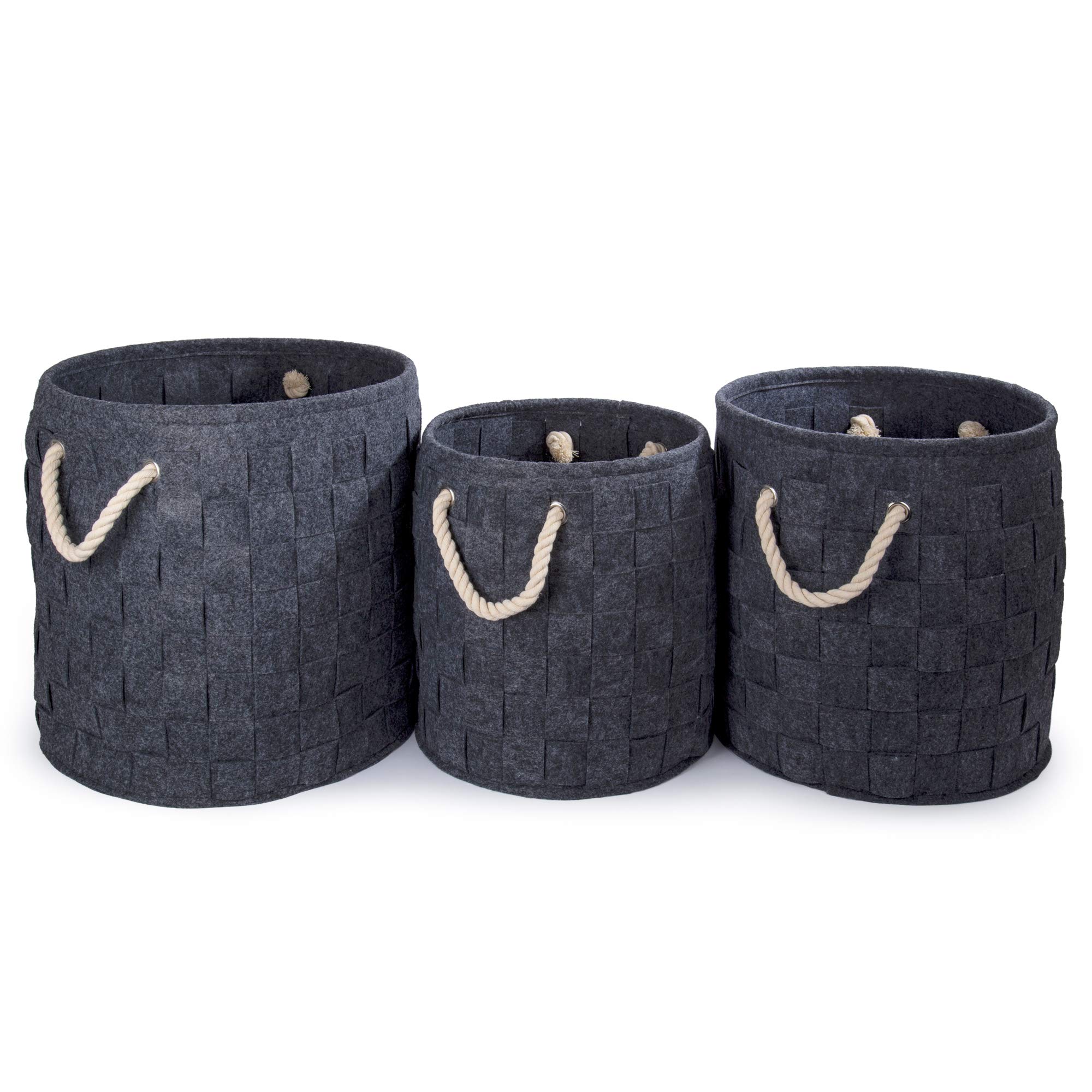 Truu Design Stylish Round Felt Storage Baskets - Dark Grey, Set of 3 (16 x 15 inches) - Perfect for Home Organization, Nursery, Laundry Room & Office Decor