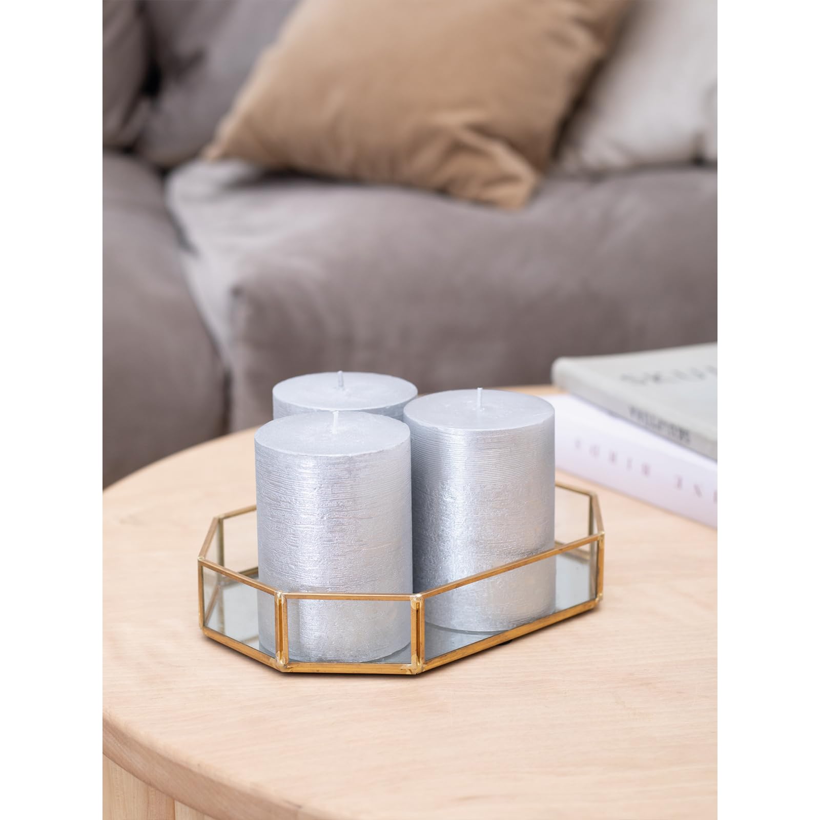 Premium CANDWAX 3x4 Inch Silver Pillar Candles Set of 3 - Unscented Non-Drip Decorative Candles for Weddings, Home Decor & Interior Design - Elegant Table Centerpiece for Dining Room, Living Room & Special Events