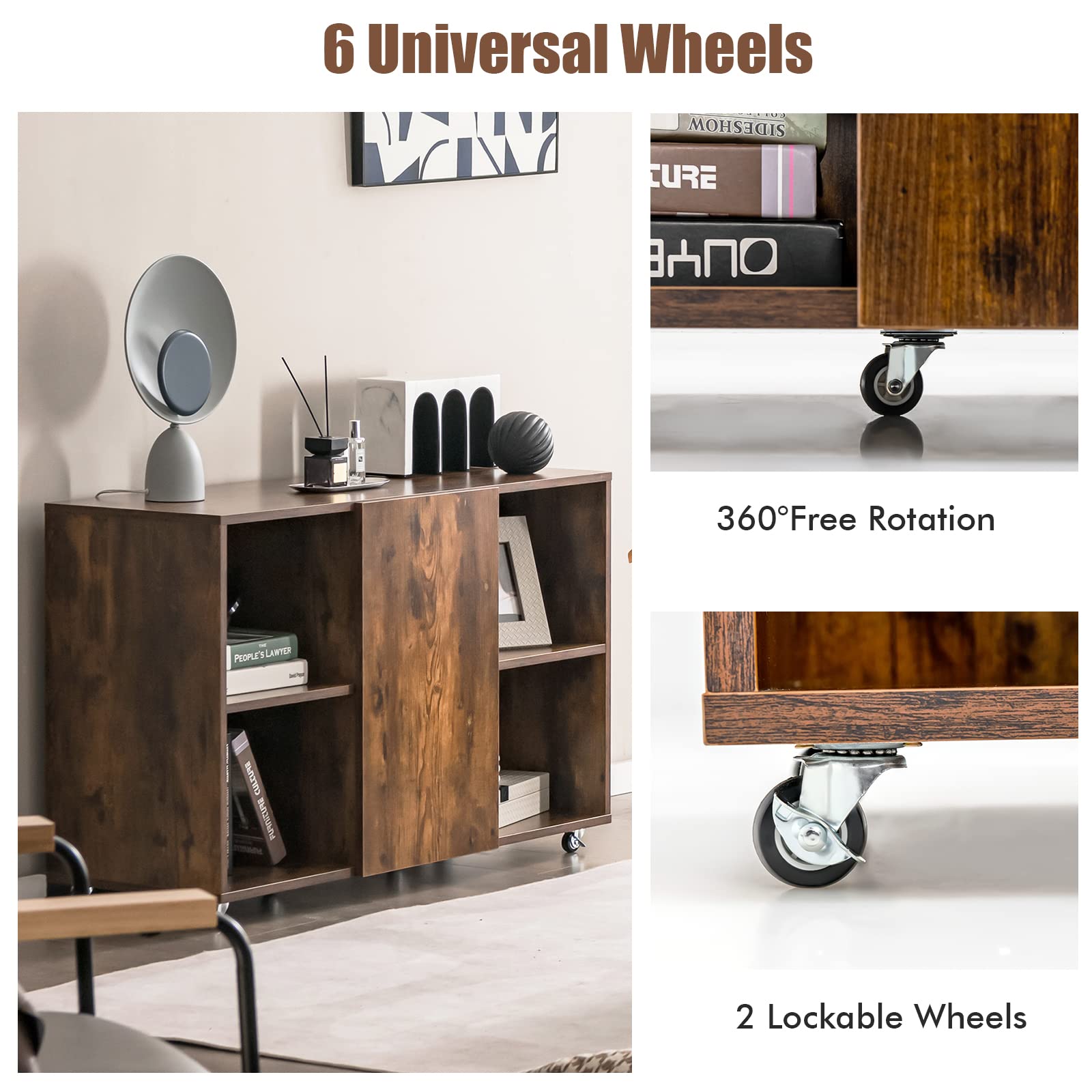 Giantex Lateral File Cabinet with Lockable Wheels & 4 Open Compartments - Mobile Office Storage Cabinet with Door, Shelf & Under Desk Printer Stand - Perfect for Home Office, Classroom & Small Business Organization (Brown)