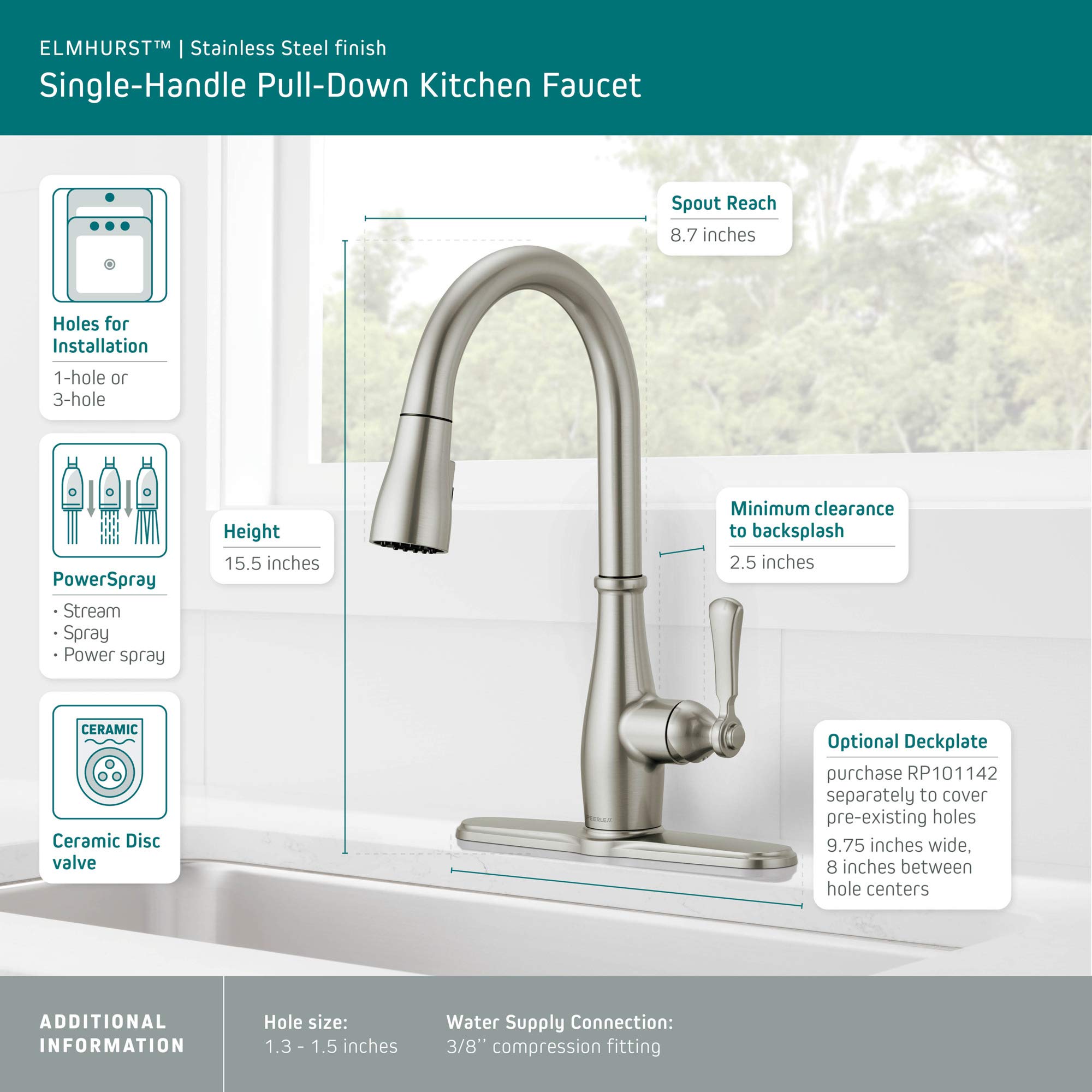 Peerless Elmhurst Pull Down Sprayer Kitchen Faucet - Brushed Nickel, Single Hole, Stainless Steel P7965LF-SS for Modern Kitchen Sinks