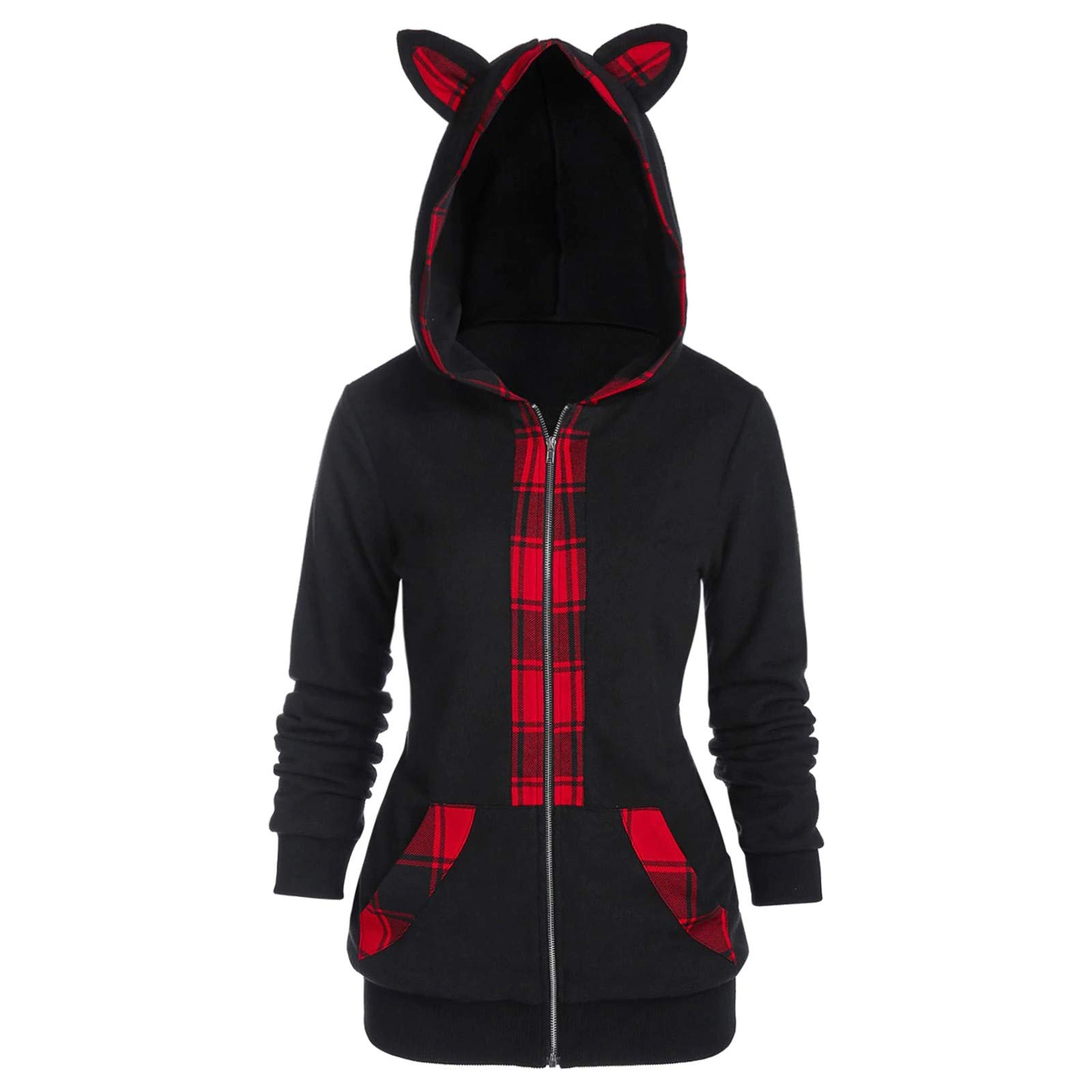 Women's Long Sleeve Colorblock Animal Ear Pocket Fleece Hoodie - Zip Up Sweatshirt for Casual Wear, Winter Outfits & Cosplay Costumes