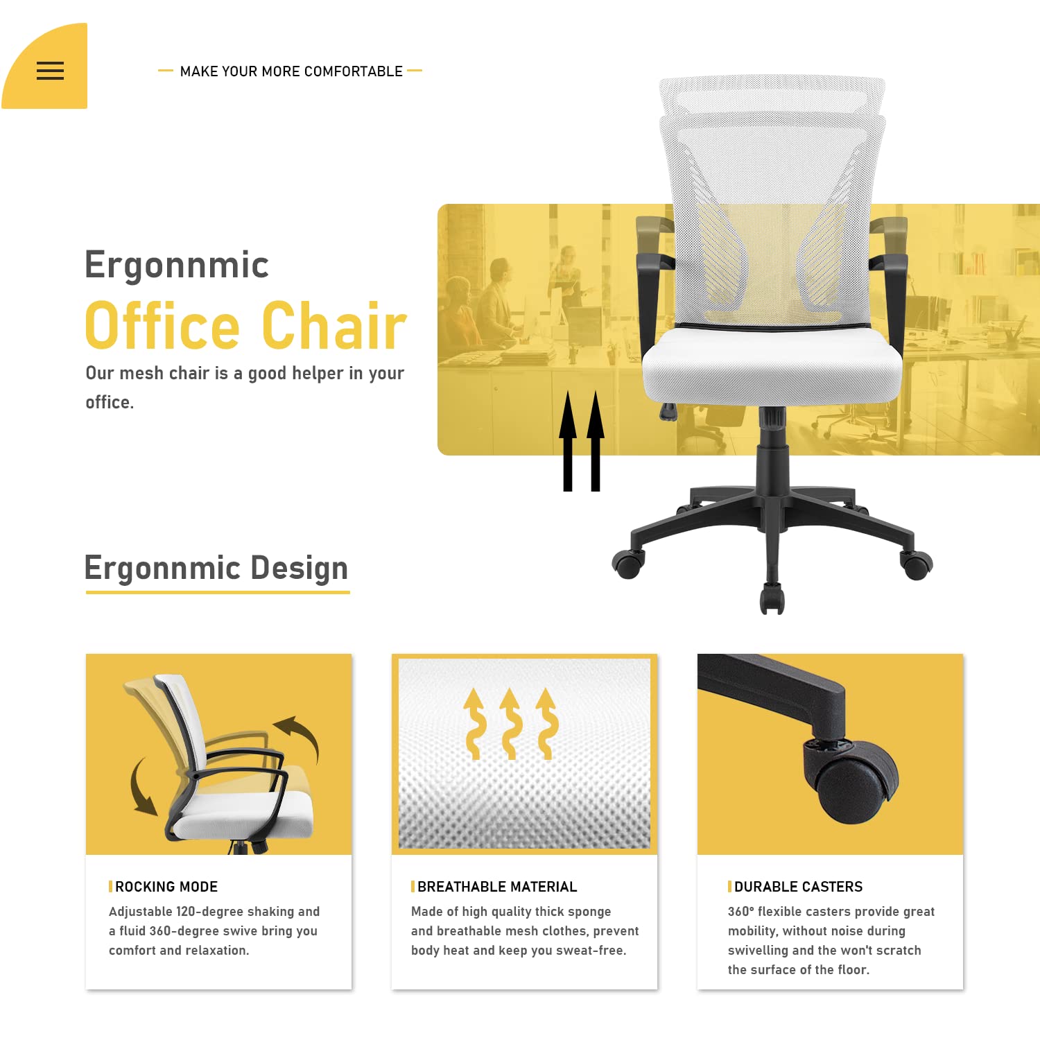 Ergonomic Mesh Office Chair with Lumbar Support - Mid Back Swivel Rolling Computer Desk Chair for Home & Office, Adjustable Armrests (White) - Perfect for Long Work Hours, Gaming & Remote Work