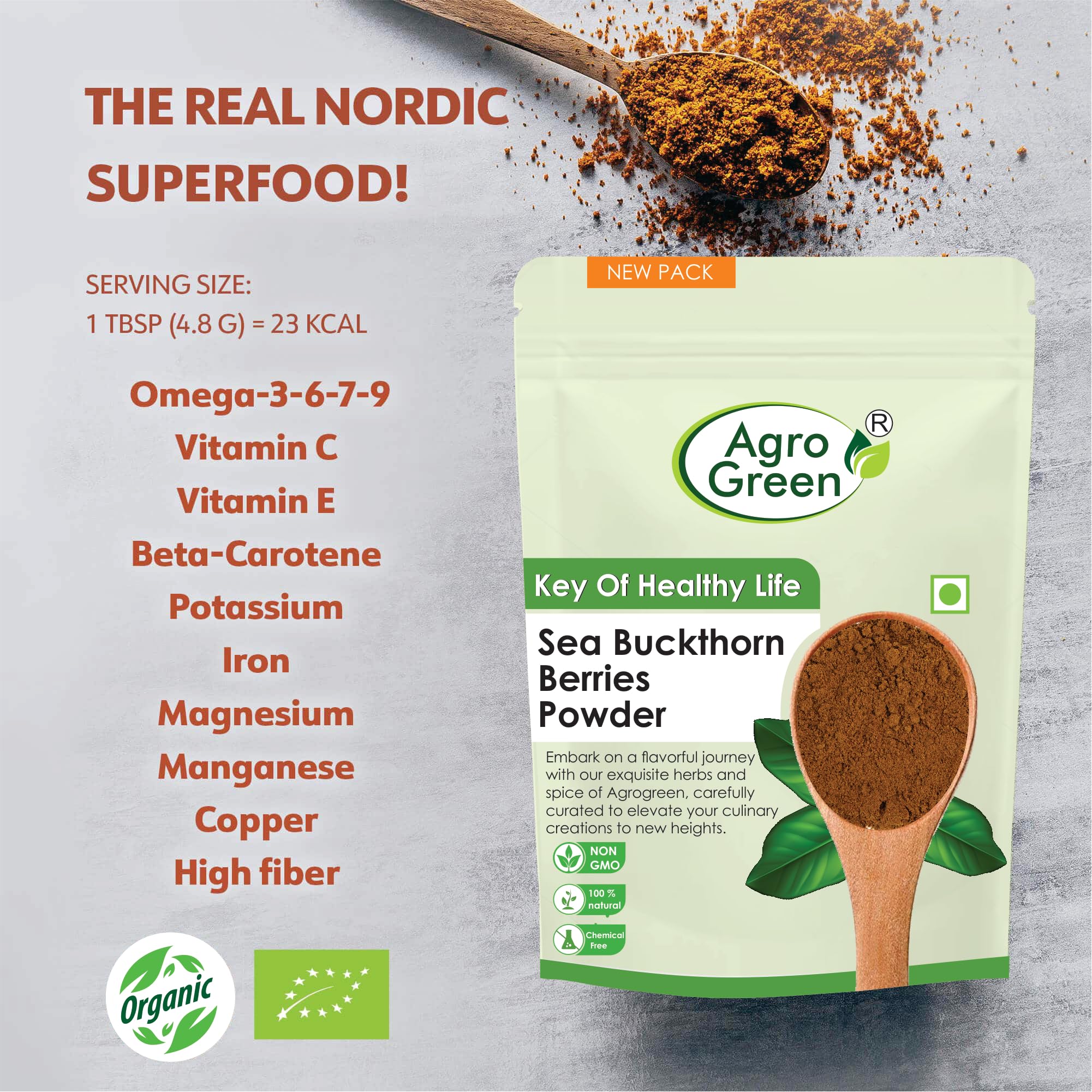 Organic Sea Buckthorn Berry Powder - 100% Pure & Natural Superfood Supplement for Immunity & Skin Health (50g) - Perfect for Smoothies, Baking & Wellness Drinks