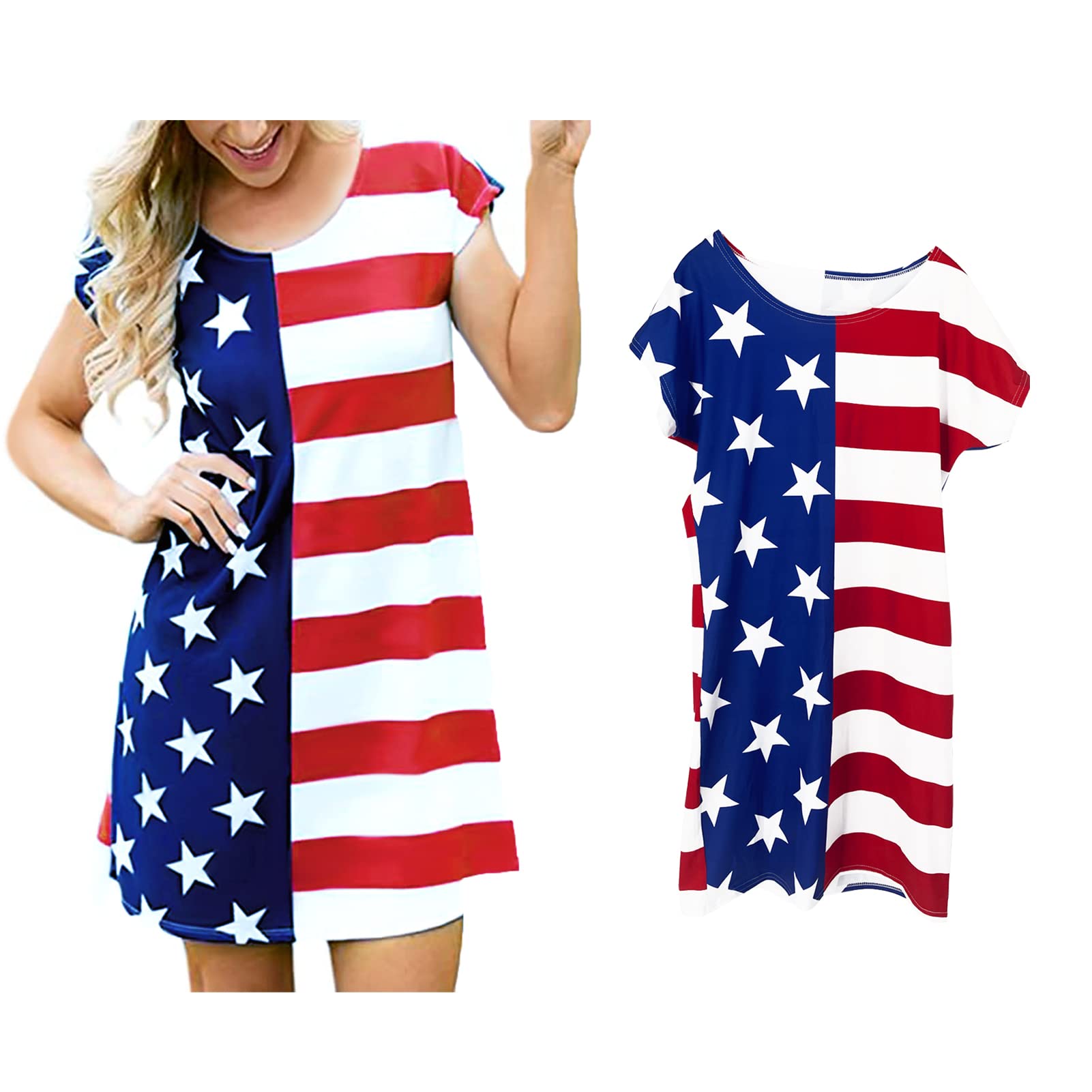 JQMAO Women's Patriotic 4th of July American Flag Short Sleeve T-Shirt Dress - Casual Summer Outfit for Independence Day Celebrations, BBQ Parties & Fireworks Events